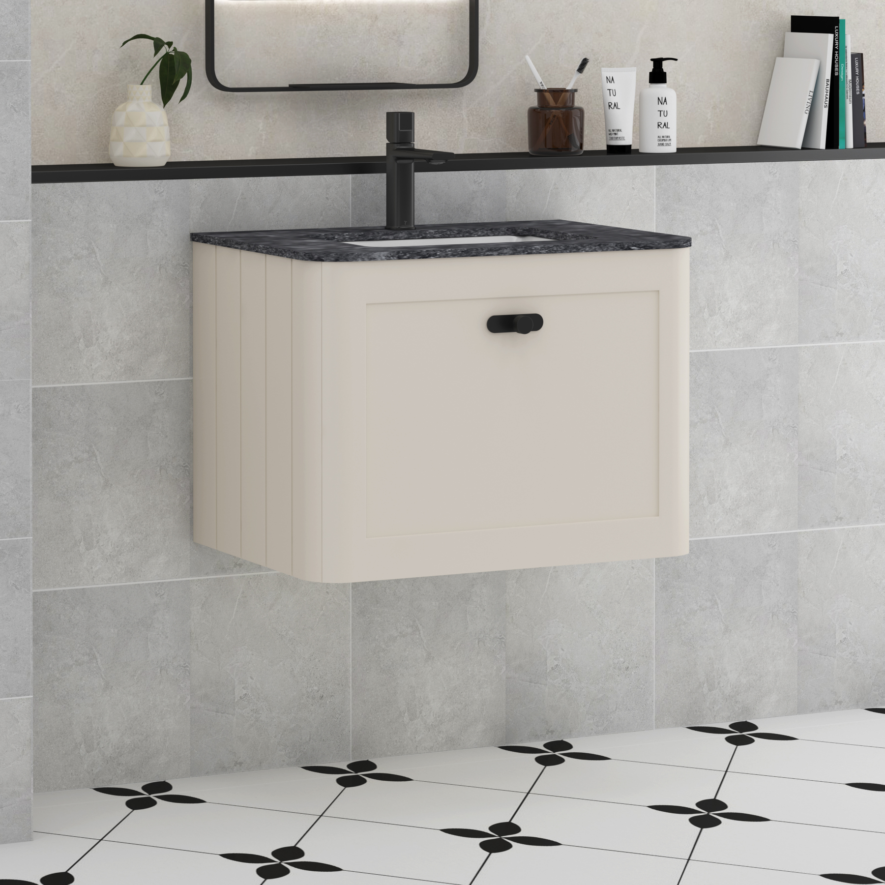 Henley Mushroom Cashmere 1 Drawer Wall Hung Vanity Unit with Optional Basin, Undrilled Worktop & Knobs