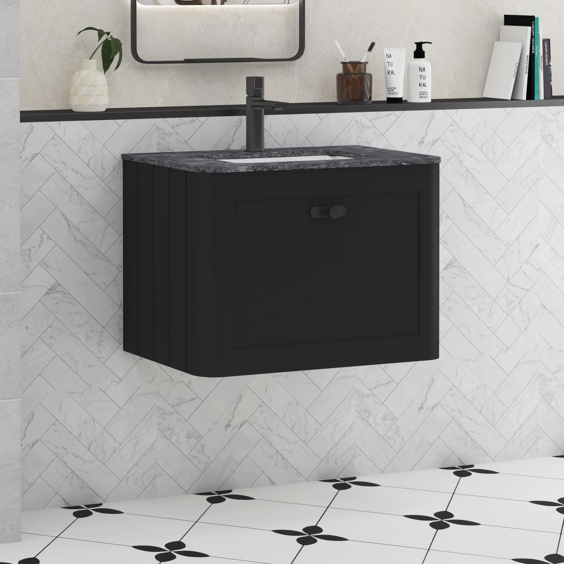 Henley Matt Nocturne Black 1 Drawer Wall Hung Vanity Unit with Optional Basin, Undrilled Worktop & Knobs