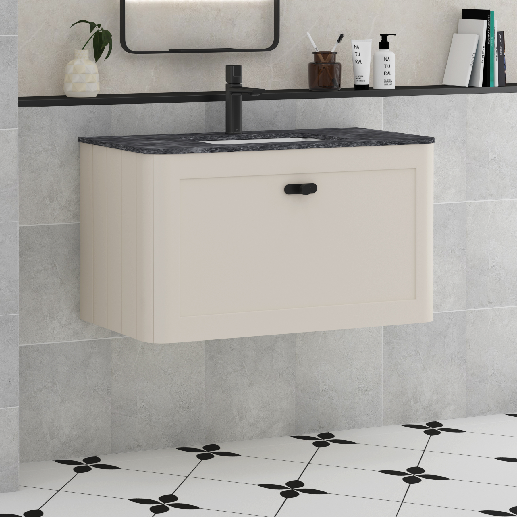 Henley Mushroom Cashmere 1 Drawer Wall Hung Vanity Unit with Optional Basin, Undrilled Worktop & Knobs