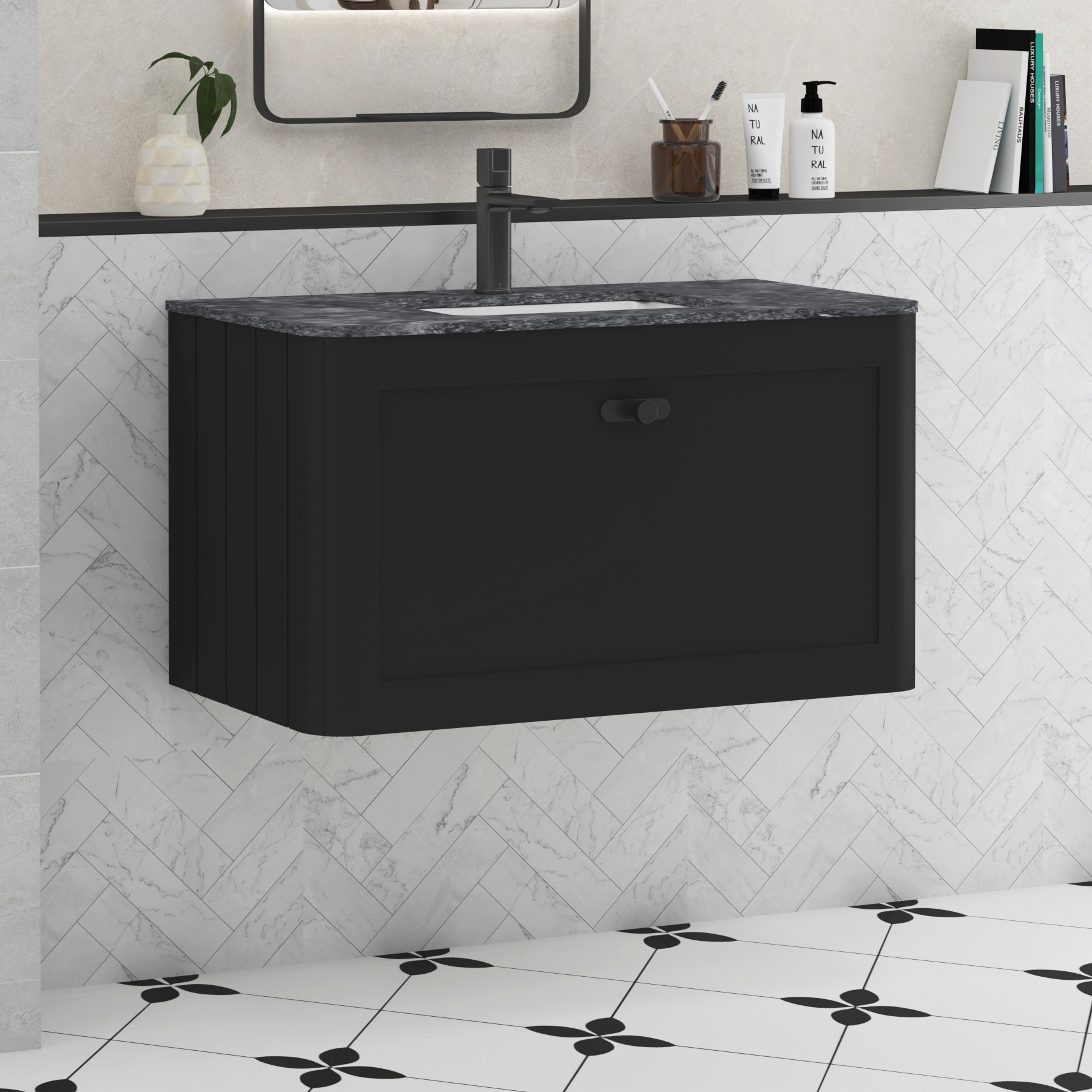 Henley Matt Nocturne Black 1 Drawer Wall Hung Vanity Unit with Optional Basin, Undrilled Worktop & Knobs