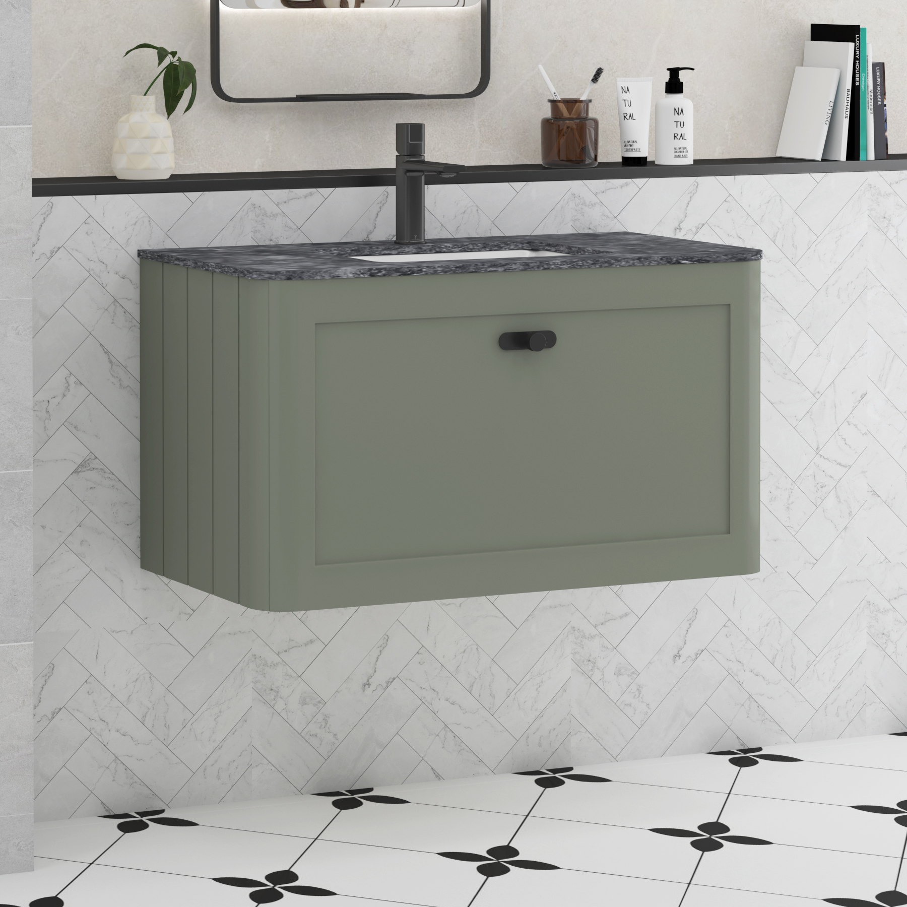 Henley Sage Green 1 Drawer Wall Hung Vanity Unit with Optional Basin, Undrilled Worktop & Knobs
