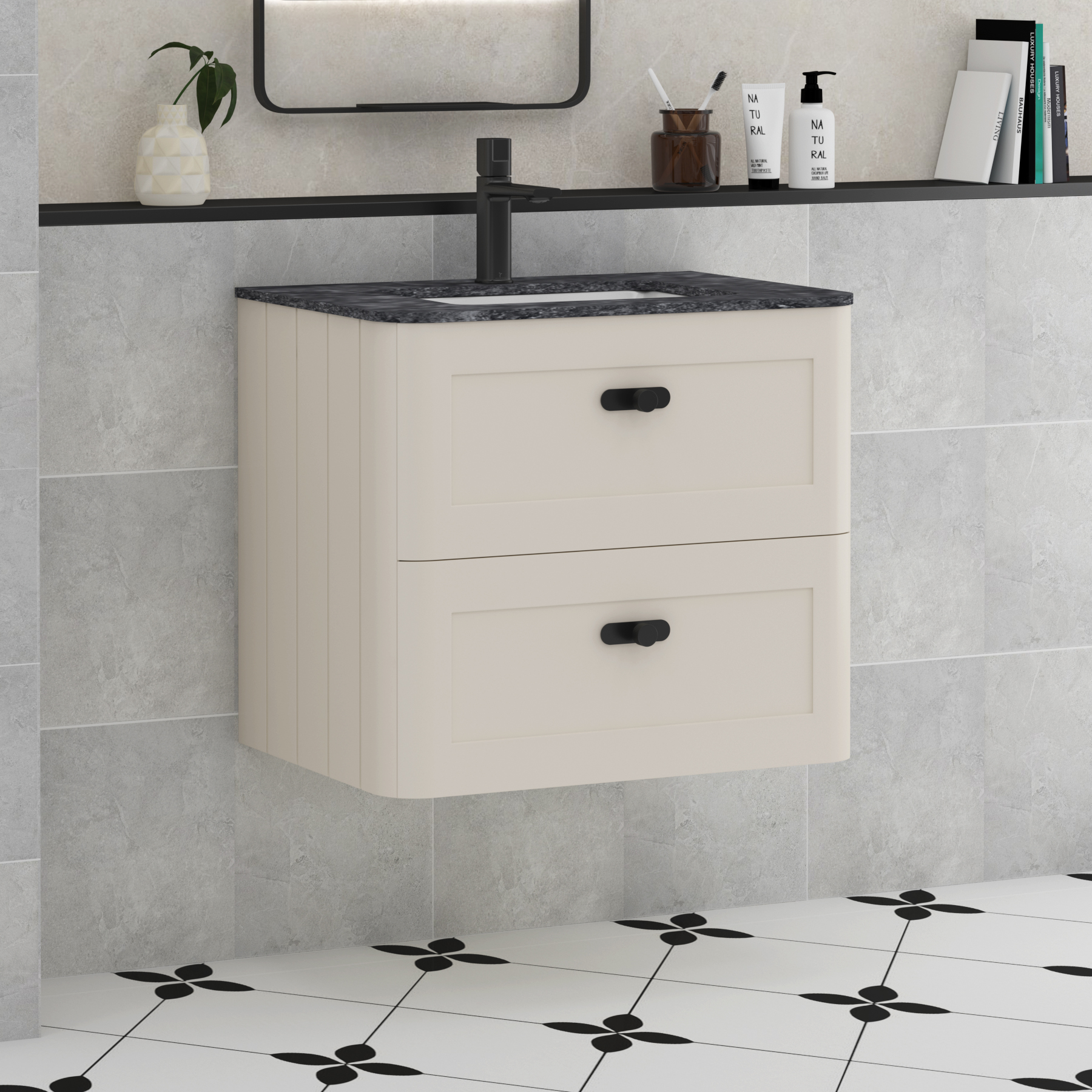 Henley Mushroom Cashmere 2 Drawer Wall Hung Vanity Unit with Optional Basin, Undrilled Worktop & Knobs