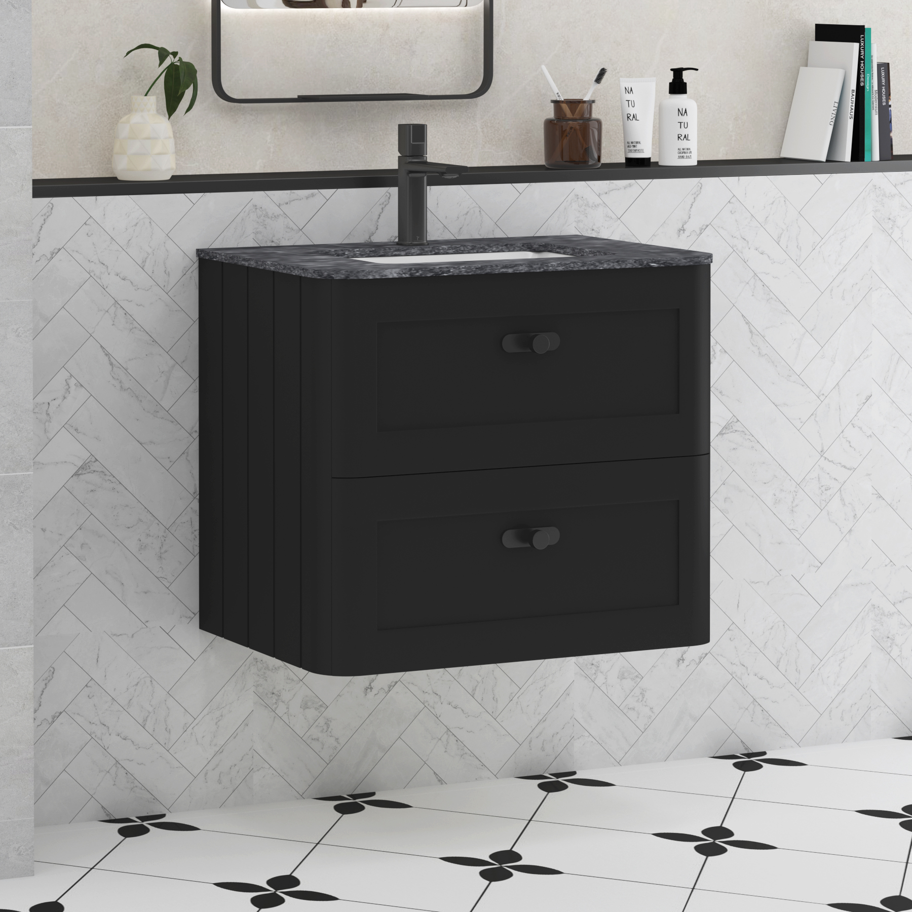 Henley Matt Nocturne Black 2 Drawer Wall Hung Vanity Unit with Optional Basin & Knobs