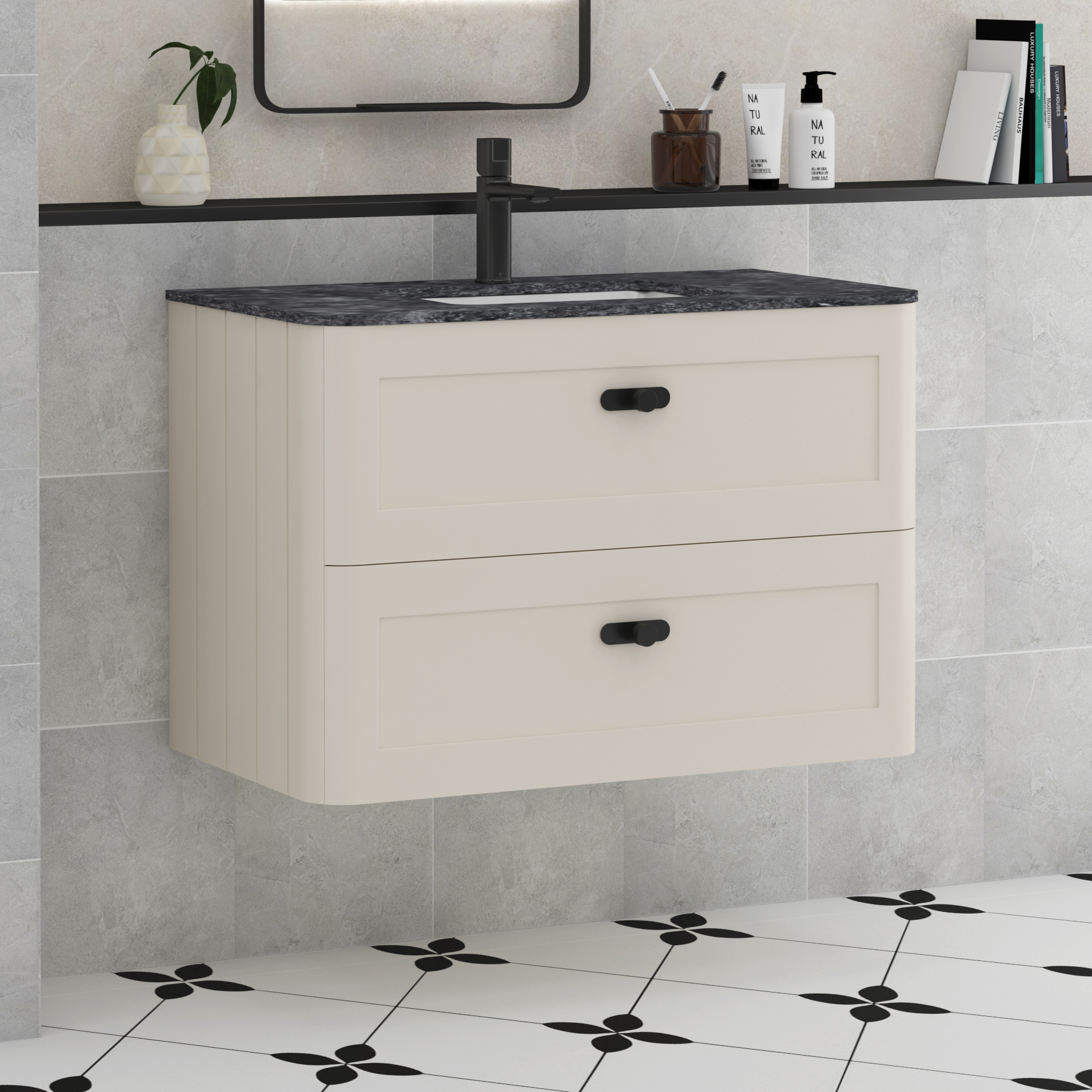 Henley Mushroom Cashmere 2 Drawer Wall Hung Vanity Unit with Optional Basin, Undrilled Worktop & Knobs