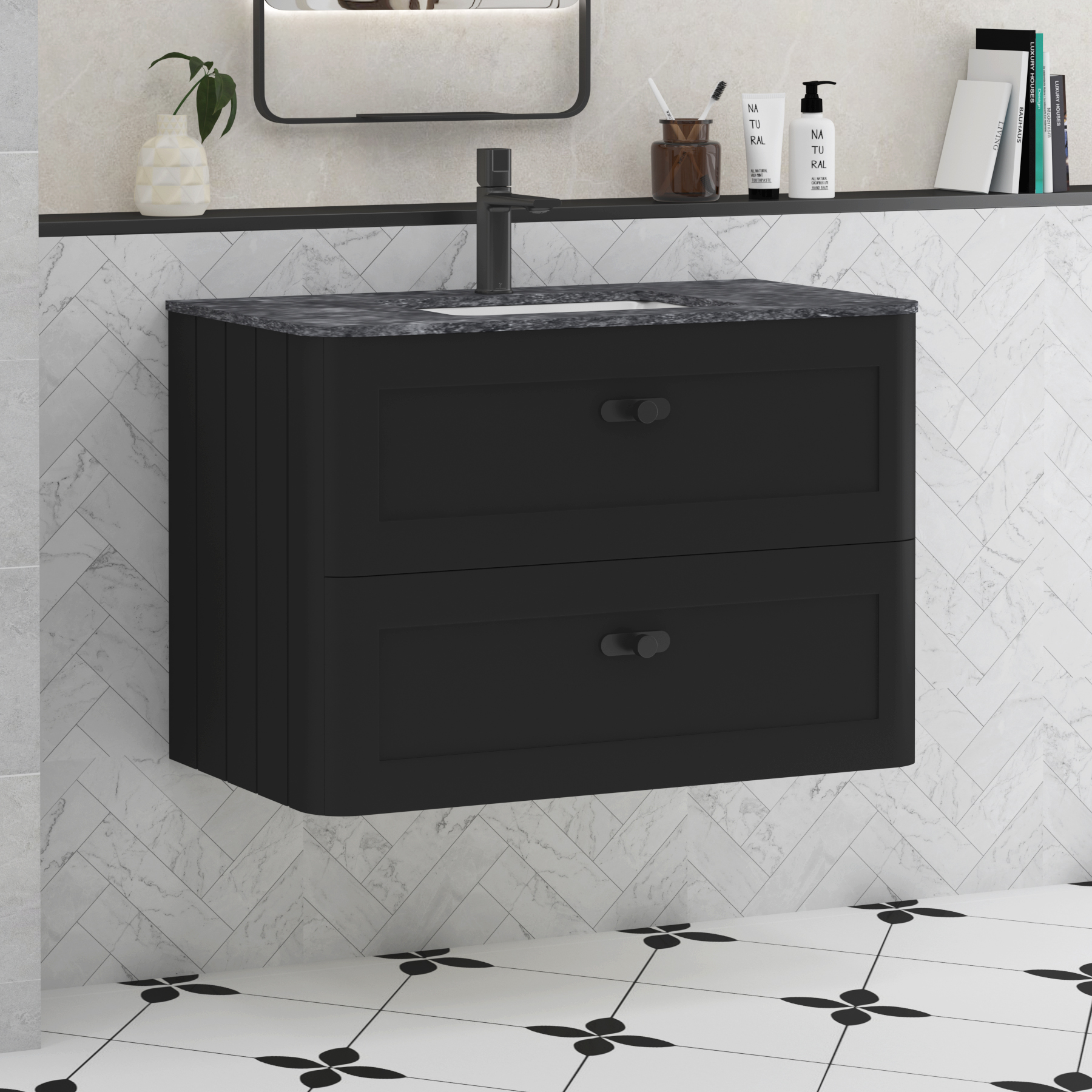 Henley Matt Nocturne Black 2 Drawer Wall Hung Vanity Unit with Optional Basin & Knobs