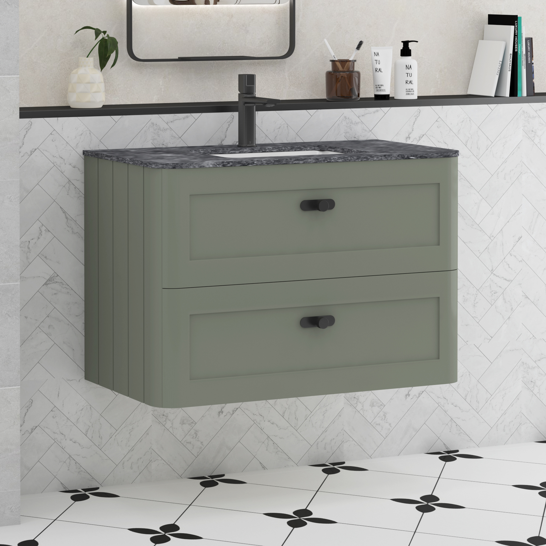Henley Sage Green 2 Drawer Wall Hung Vanity Unit with Optional Basin & Knobs