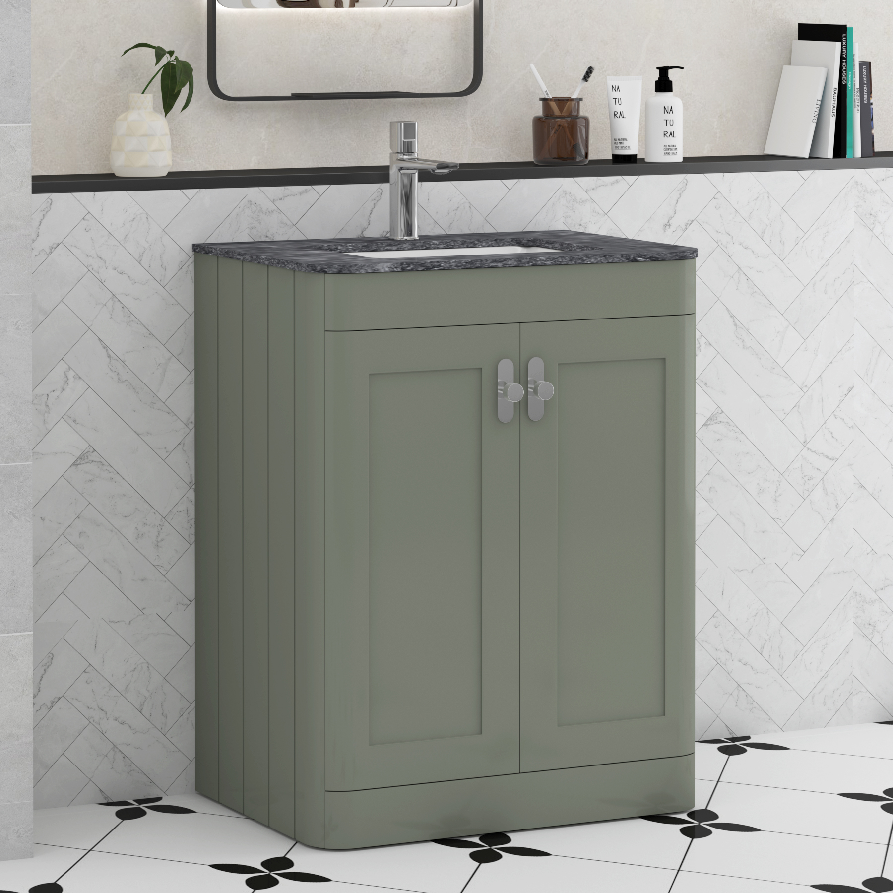 Henley Sage Green 2 Door Floor Standing Vanity Unit with Optional Basin, Undrilled Worktop & Knobs