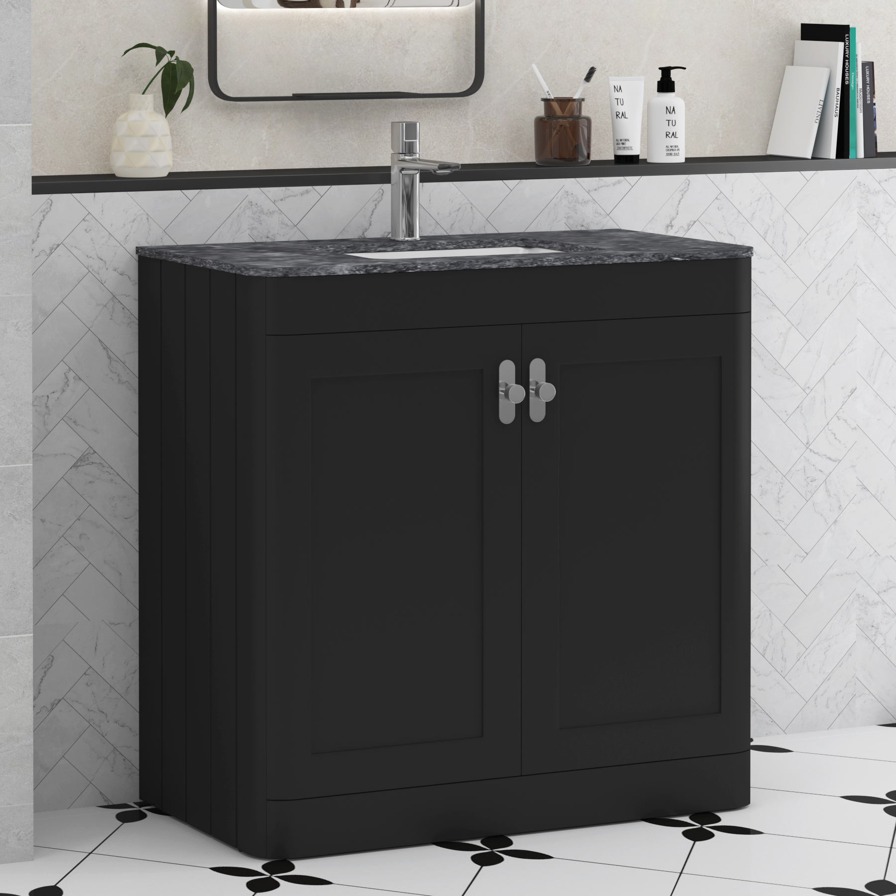 Henley Matt Nocturne Black 2 Door Floor Standing Vanity Unit with Optional Basin & Knobs