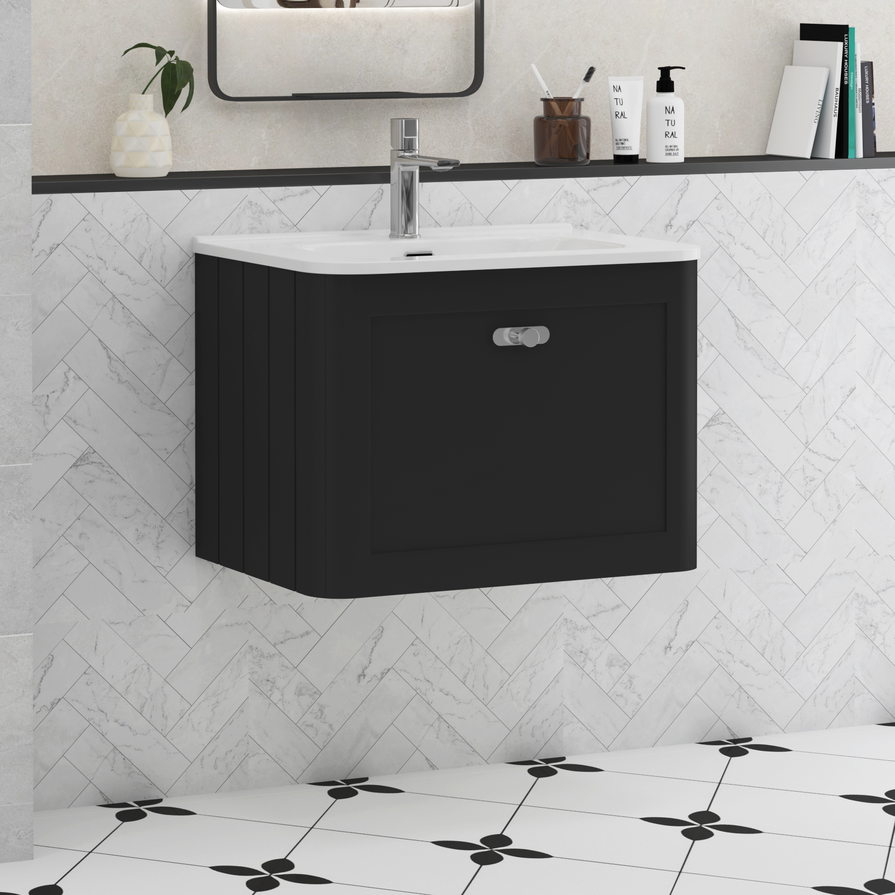 Henley Matt Nocturne Black 1 Drawer Wall Hung Vanity Unit with Optional Basin & Knobs