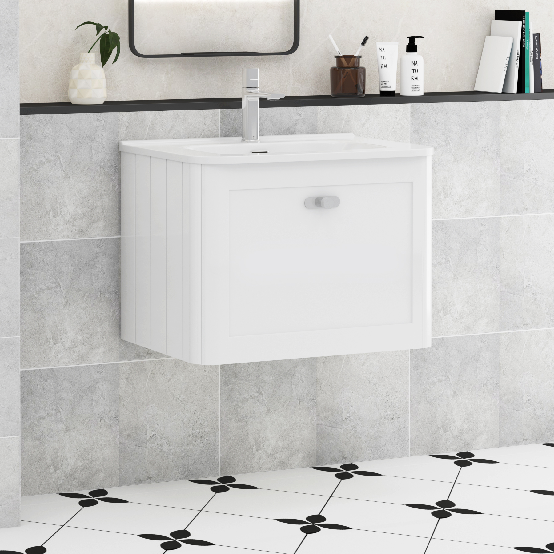 Henley Gloss White 1 Drawer Wall Hung Vanity Unit with Optional Basin, Undrilled Worktop & Knobs