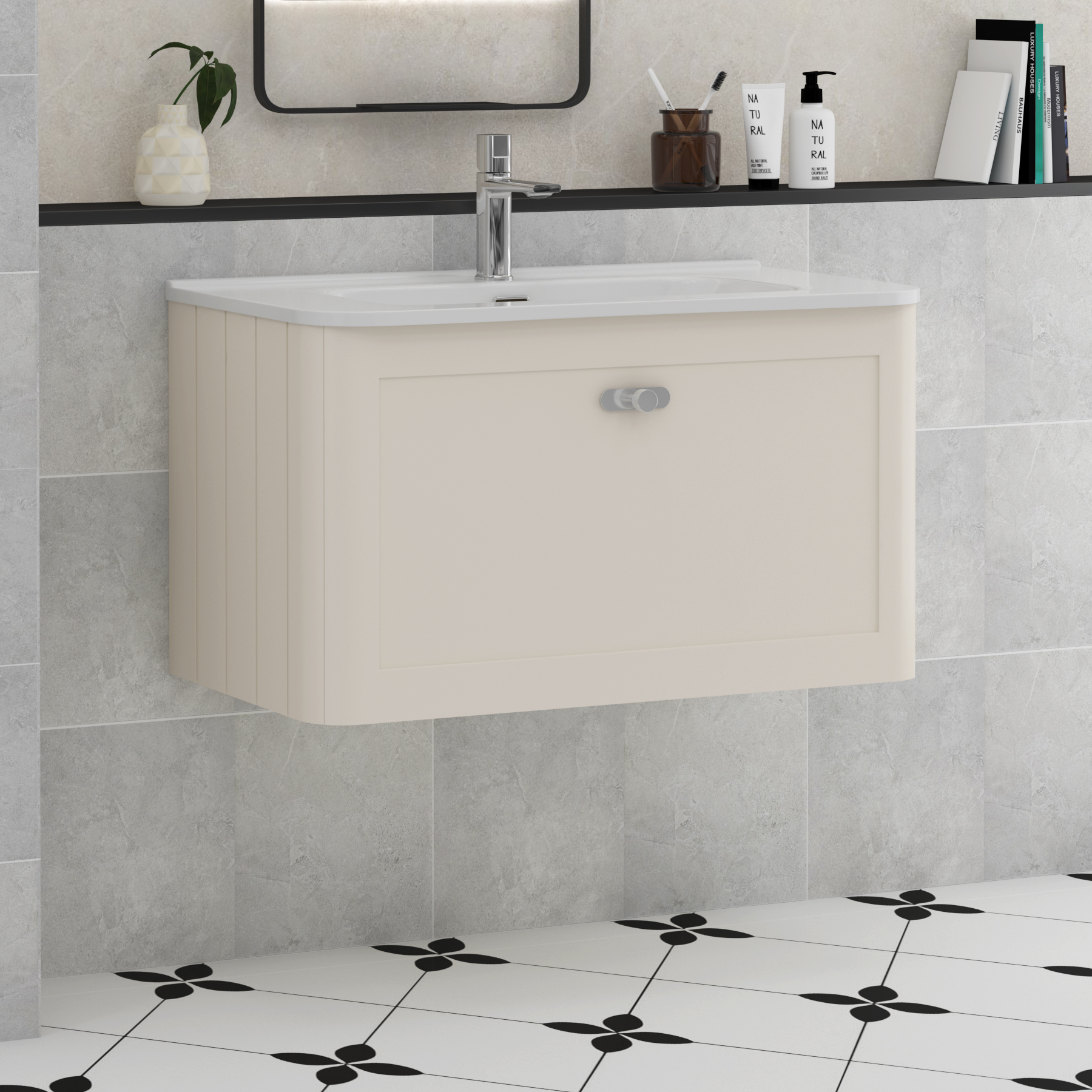 Henley Mushroom Cashmere 1 Drawer Wall Hung Vanity Unit with Optional Basin, Undrilled Worktop & Knobs