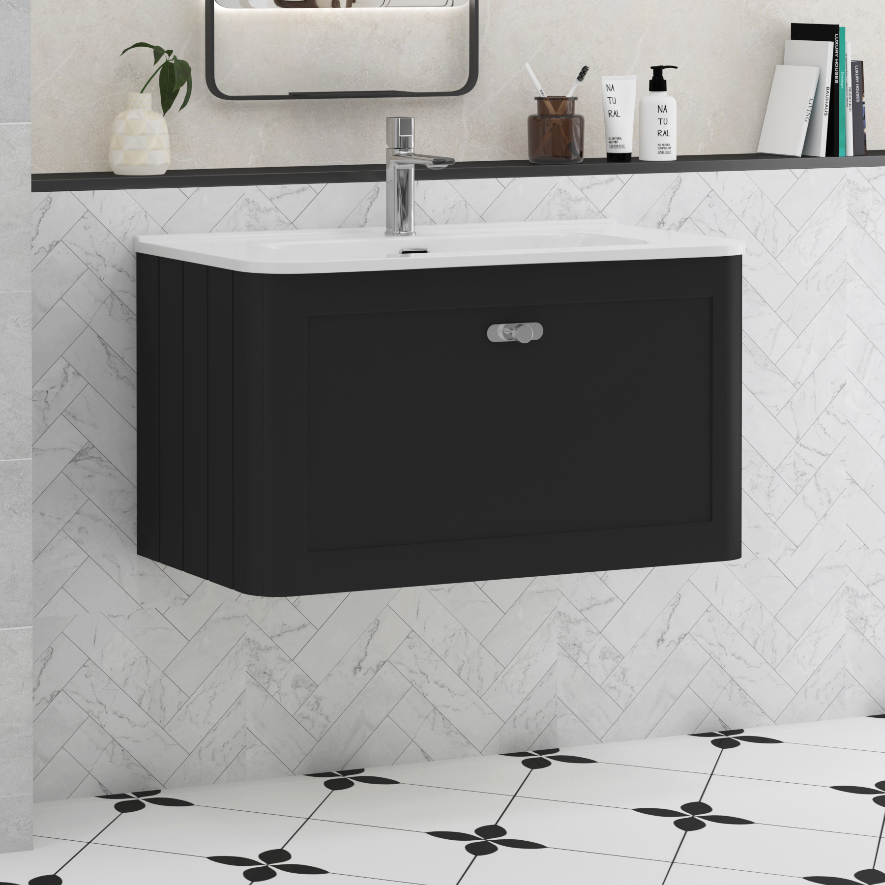 Henley Matt Nocturne Black 1 Drawer Wall Hung Vanity Unit with Optional Basin, Undrilled Worktop & Knobs