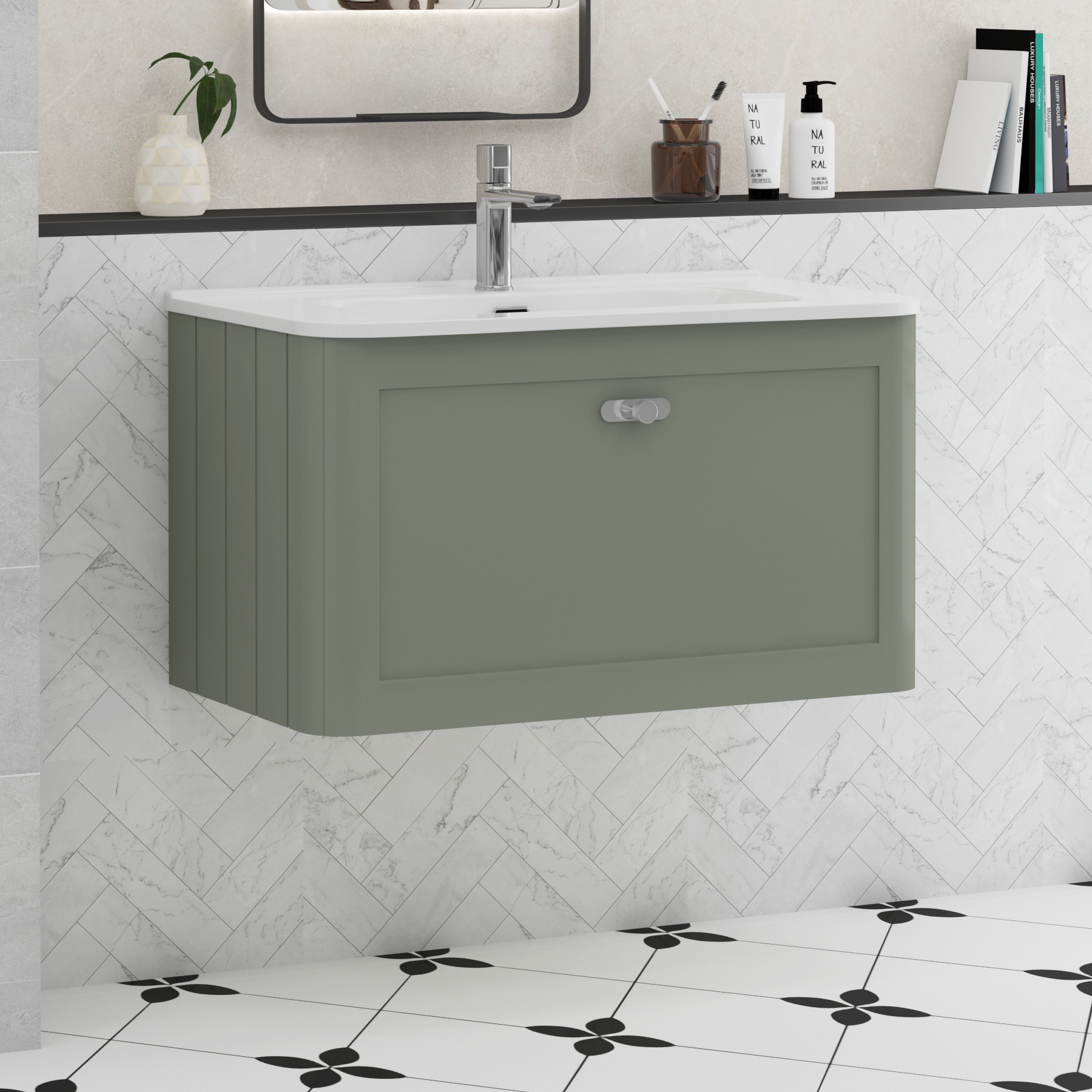 Henley Sage Green 1 Drawer Wall Hung Vanity Unit with Optional Basin, Undrilled Worktop & Knobs