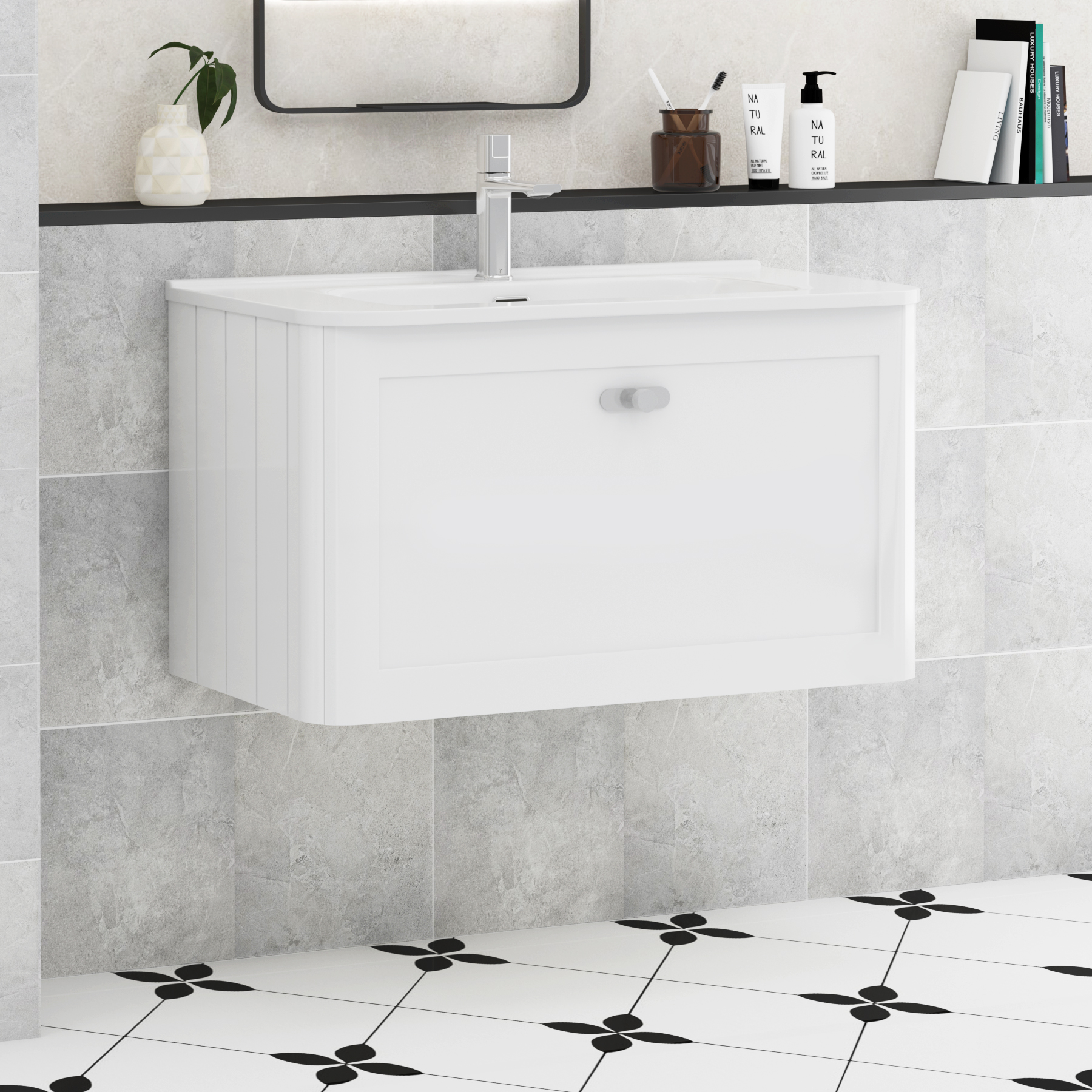 Henley Gloss White 1 Drawer Wall Hung Vanity Unit with Optional Basin, Undrilled Worktop & Knobs