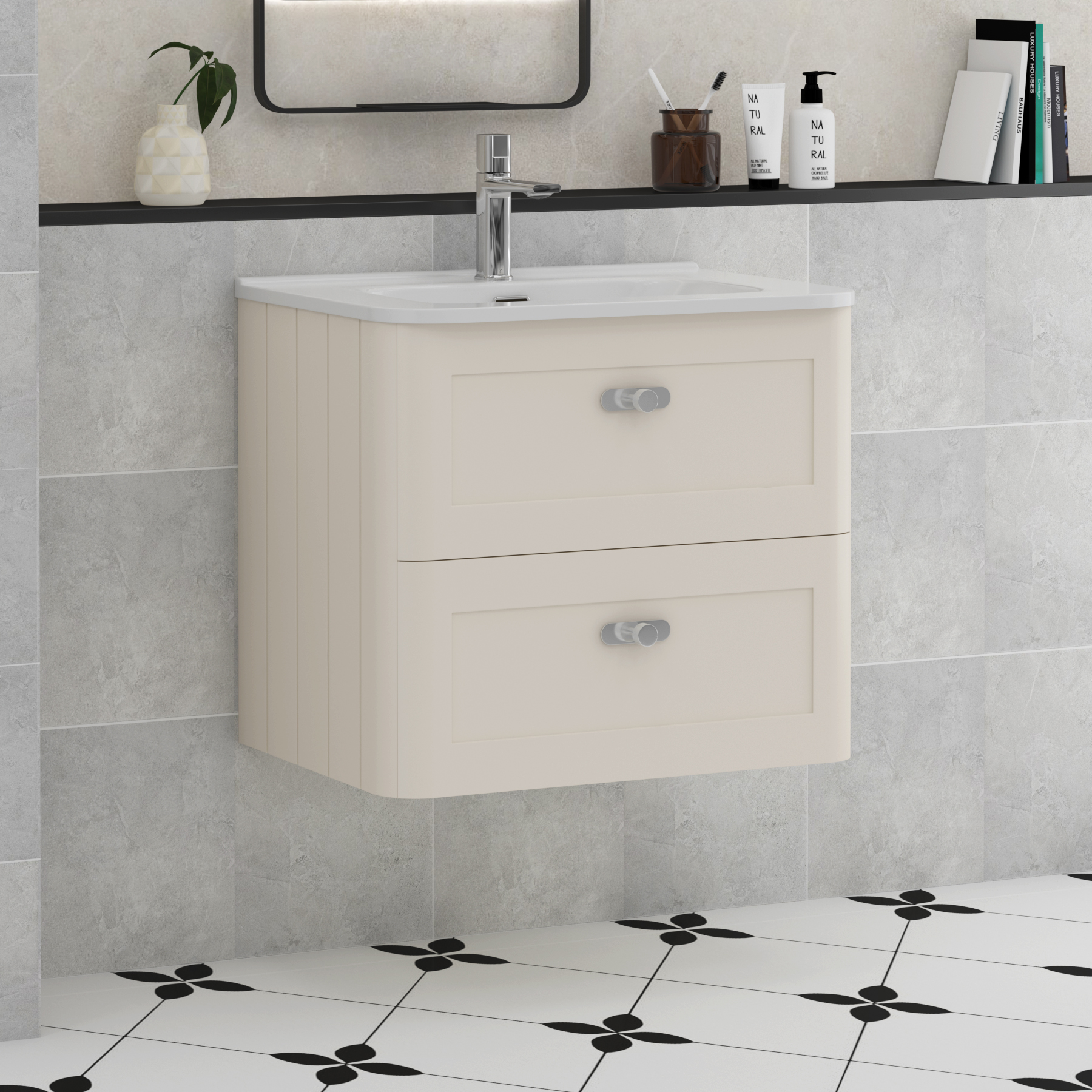Henley Mushroom Cashmere 2 Drawer Wall Hung Vanity Unit with Optional Basin & Knobs