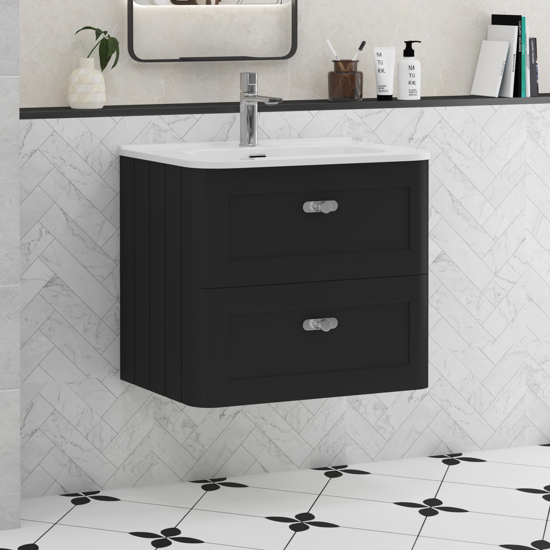 Henley Matt Nocturne Black 2 Drawer Wall Hung Vanity Unit with Optional Basin & Knobs