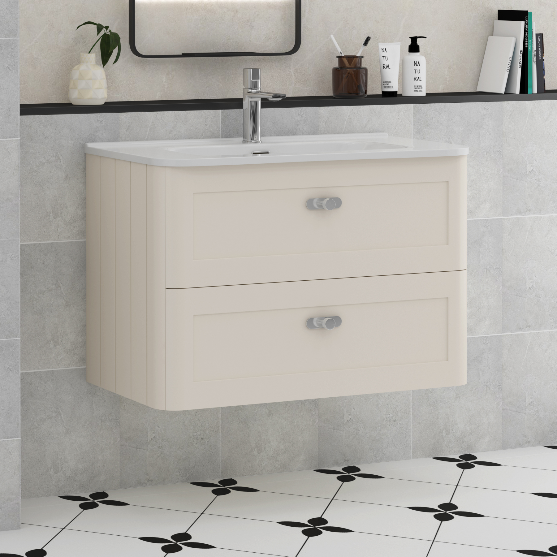 Henley Mushroom Cashmere 2 Drawer Wall Hung Vanity Unit with Optional Basin, Undrilled Worktop & Knobs