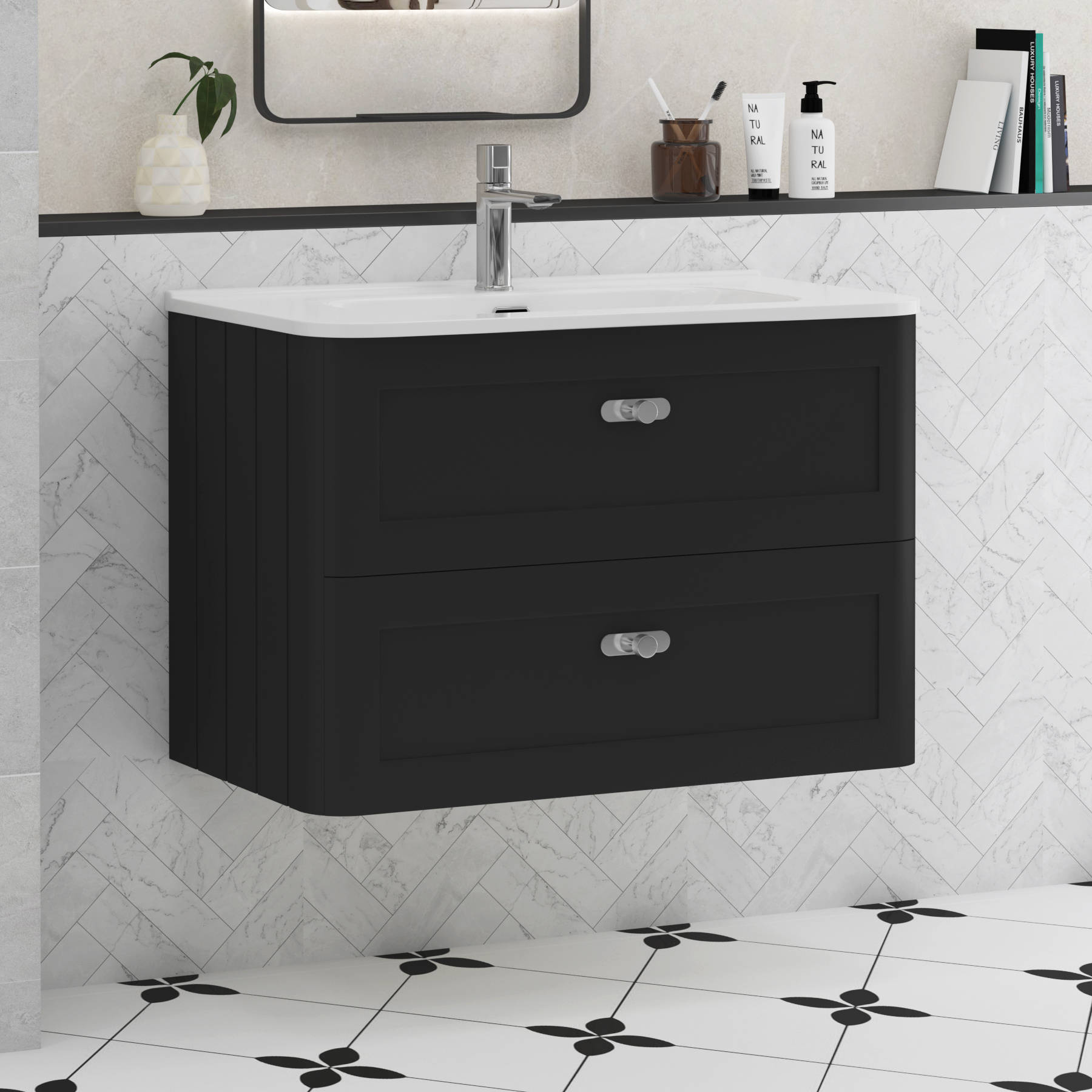 Henley Matt Nocturne Black 2 Drawer Wall Hung Vanity Unit with Optional Basin & Knobs