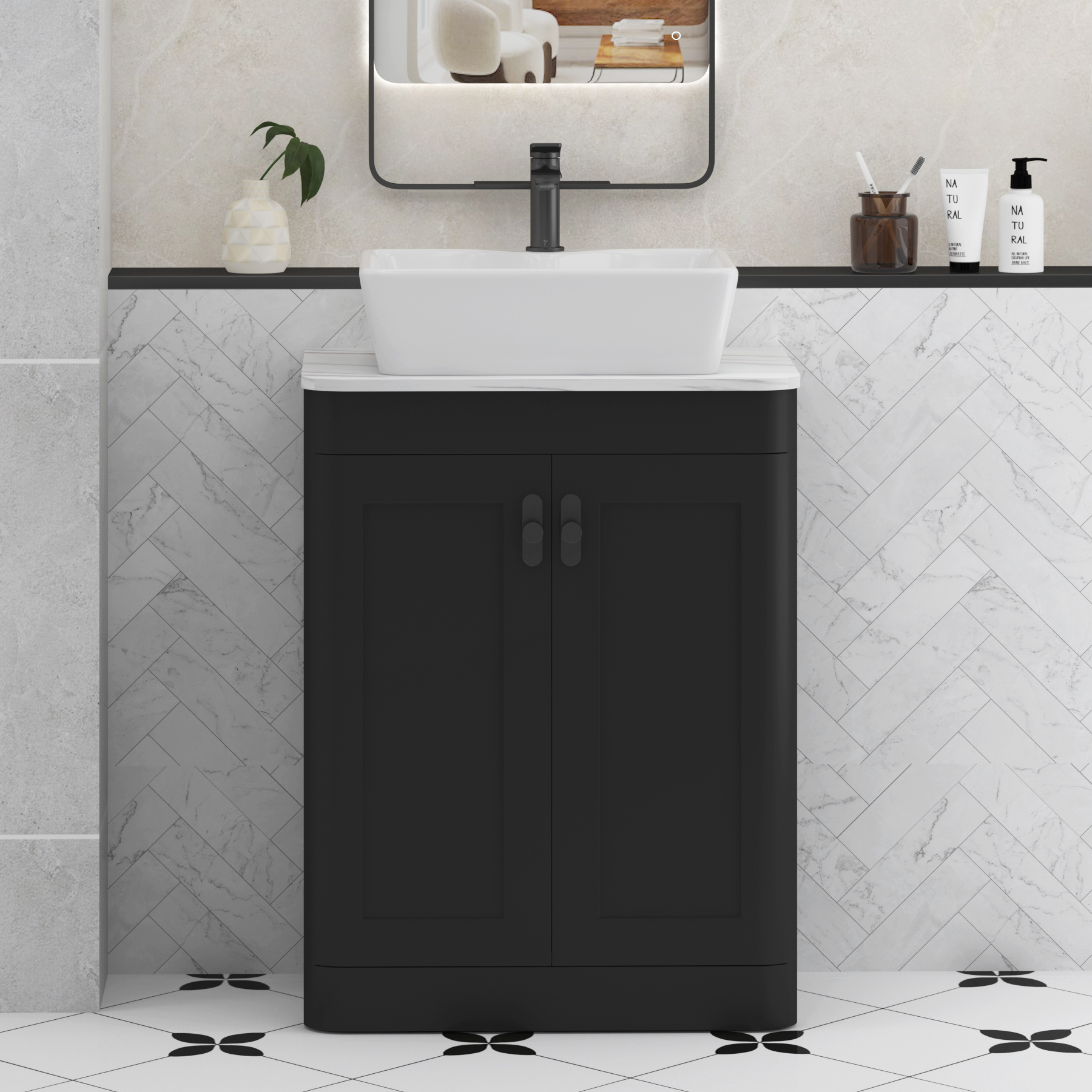 Henley Matt Nocturne Black Floor Standing Vanity Unit 2 Door with Carrara White Worktop & Various Basins & Knobs