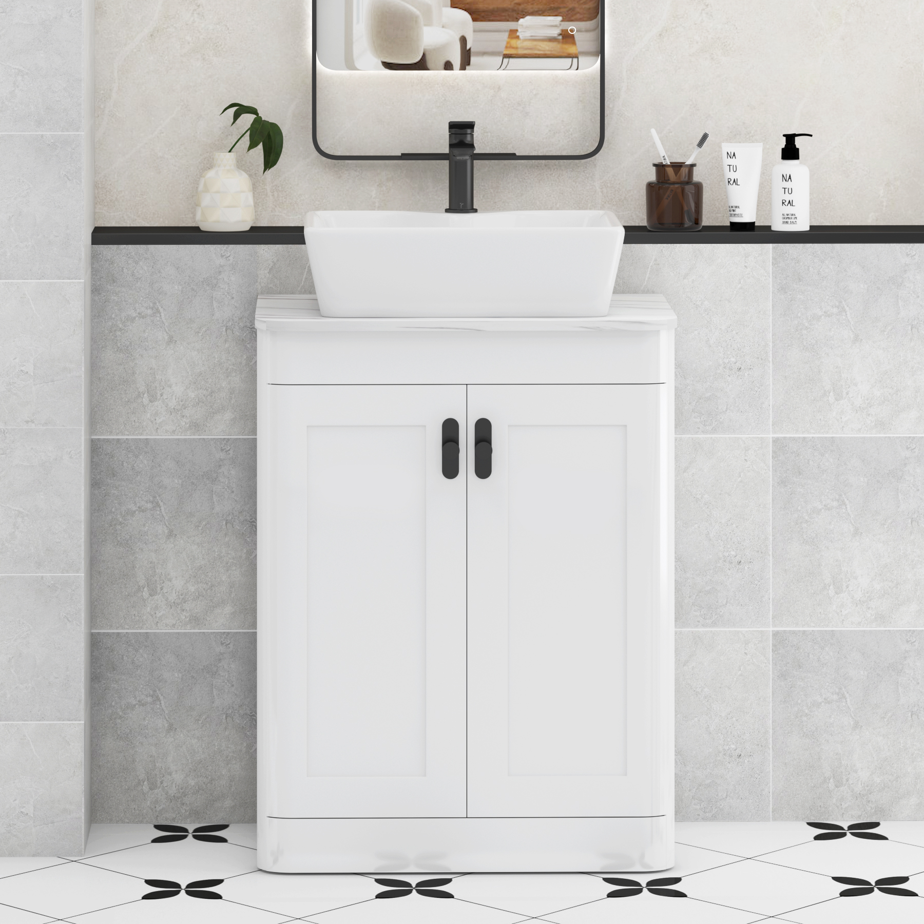 Henley Gloss White Floor Standing Vanity Unit 2 Door with Carrara White Worktop & Various Basins & Knobs