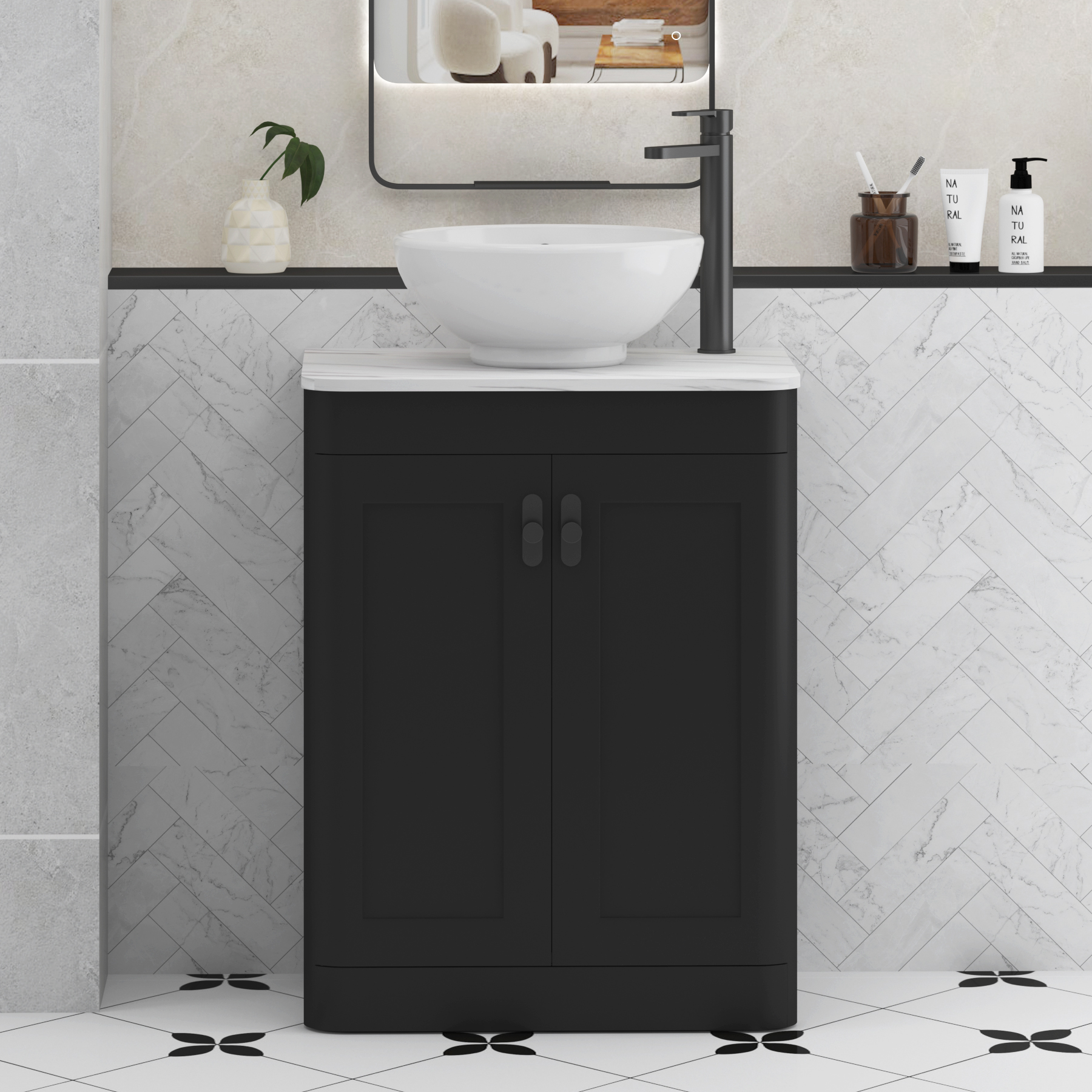 Henley Matt Nocturne Black Floor Standing Vanity Unit 2 Door with Carrara White Worktop & Various Basins & Knobs