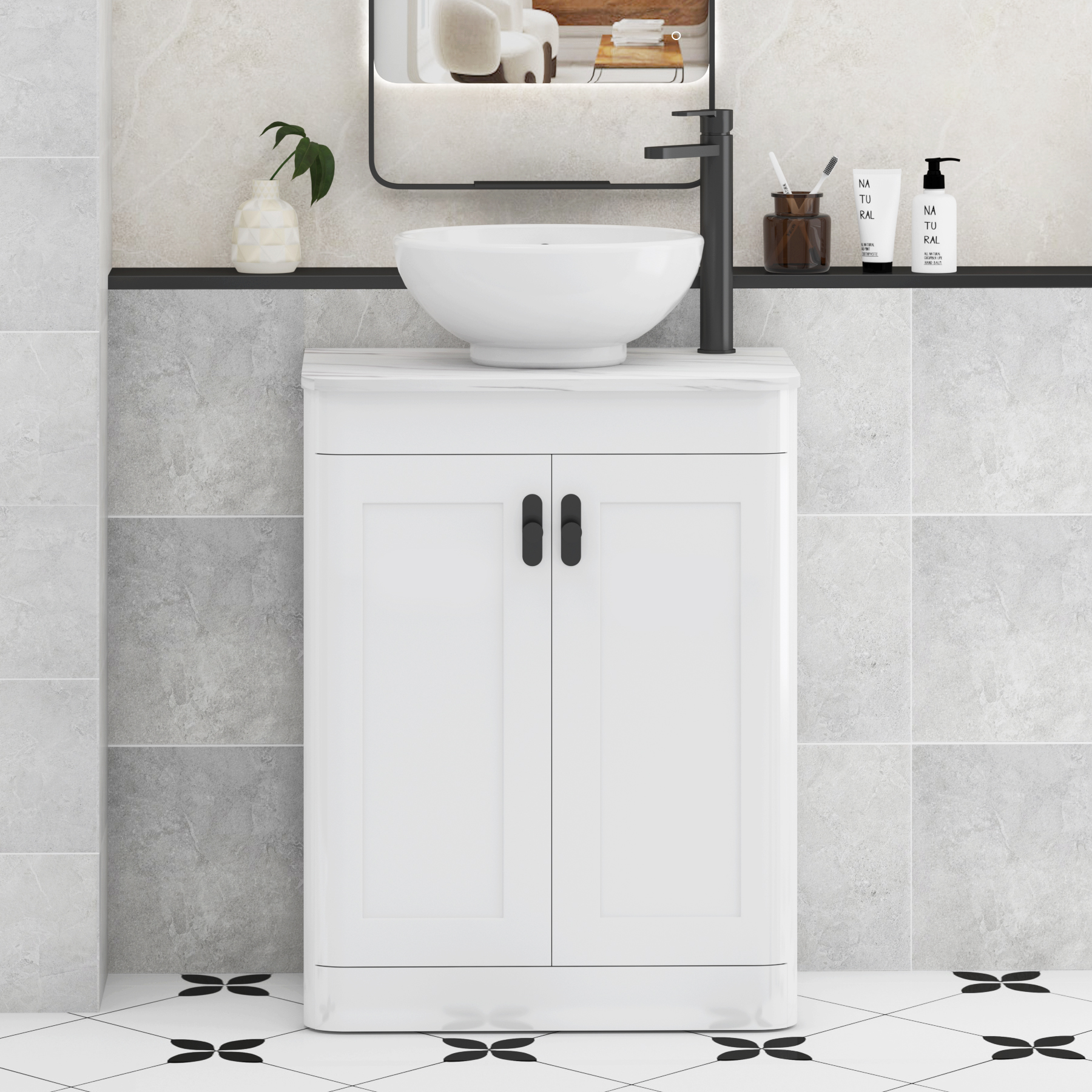 Henley Gloss White Floor Standing Vanity Unit 2 Door with Carrara White Worktop & Various Basins & Knobs