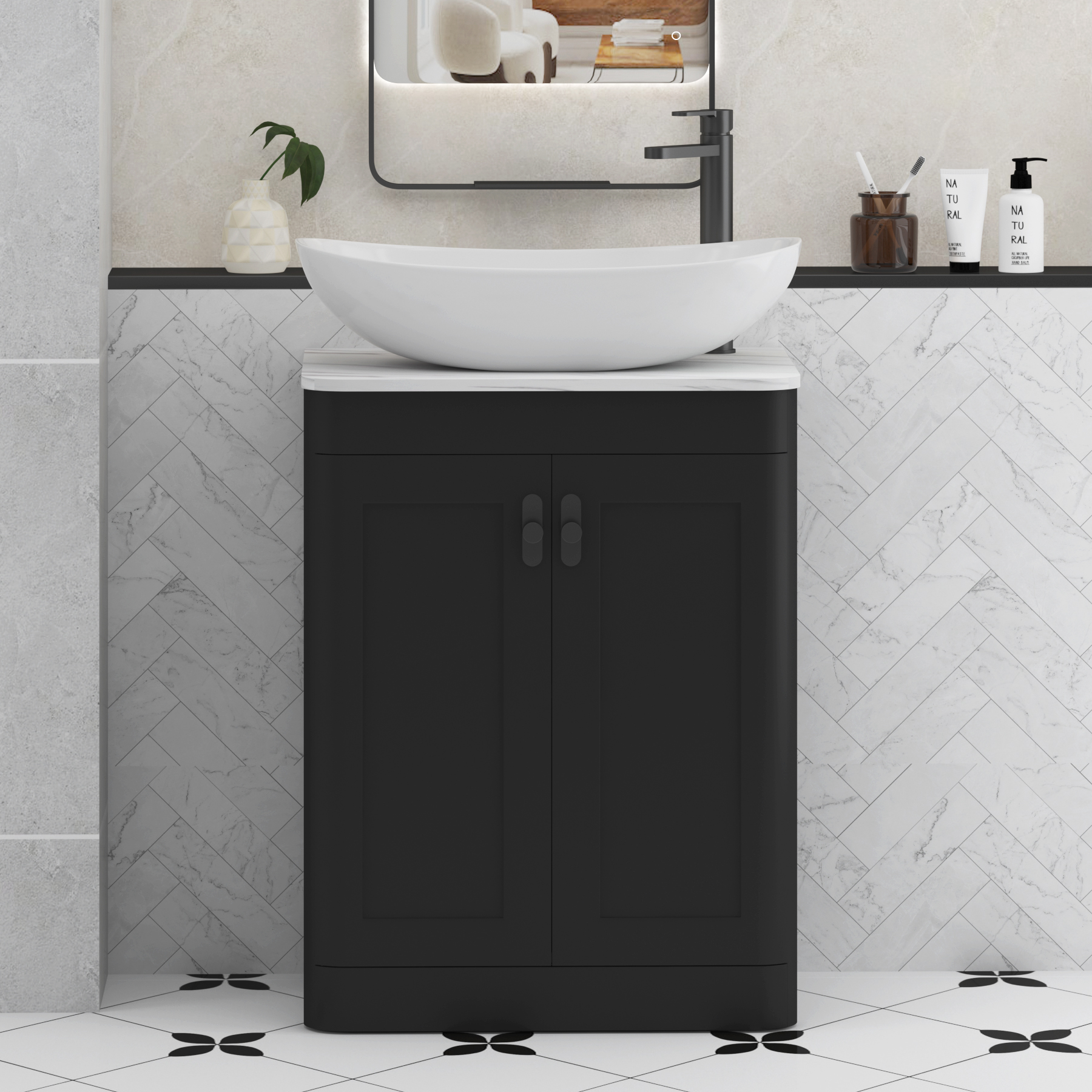 Henley Matt Nocturne Black Floor Standing Vanity Unit 2 Door with Carrara White Worktop & Various Basins & Knobs