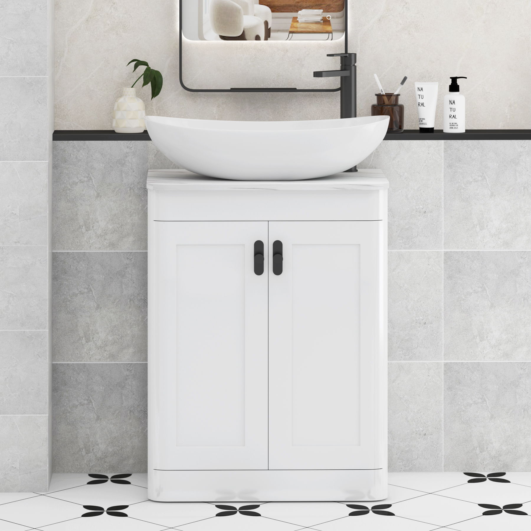 Henley Gloss White Floor Standing Vanity Unit 2 Door with Carrara White Worktop & Various Basins & Knobs