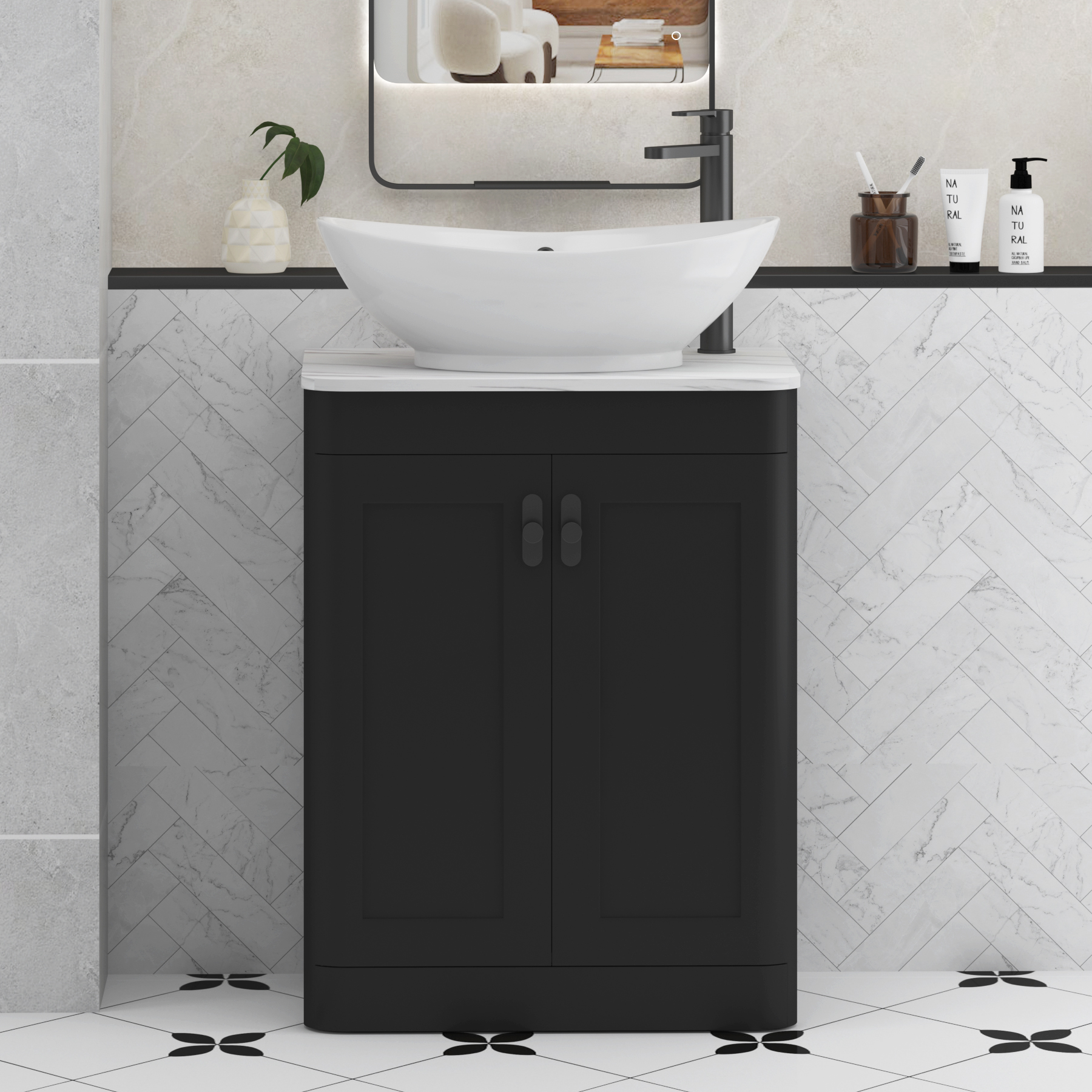 Henley Matt Nocturne Black Floor Standing Vanity Unit 2 Door with Carrara White Worktop & Various Basins & Knobs