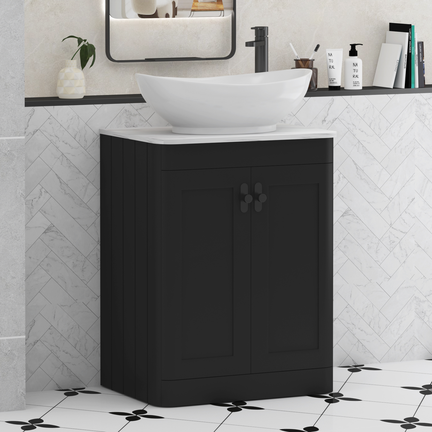 Henley Matt Nocturne Black Floor Standing Vanity Unit 2 Door with Carrara White Worktop & Various Basins & Knobs