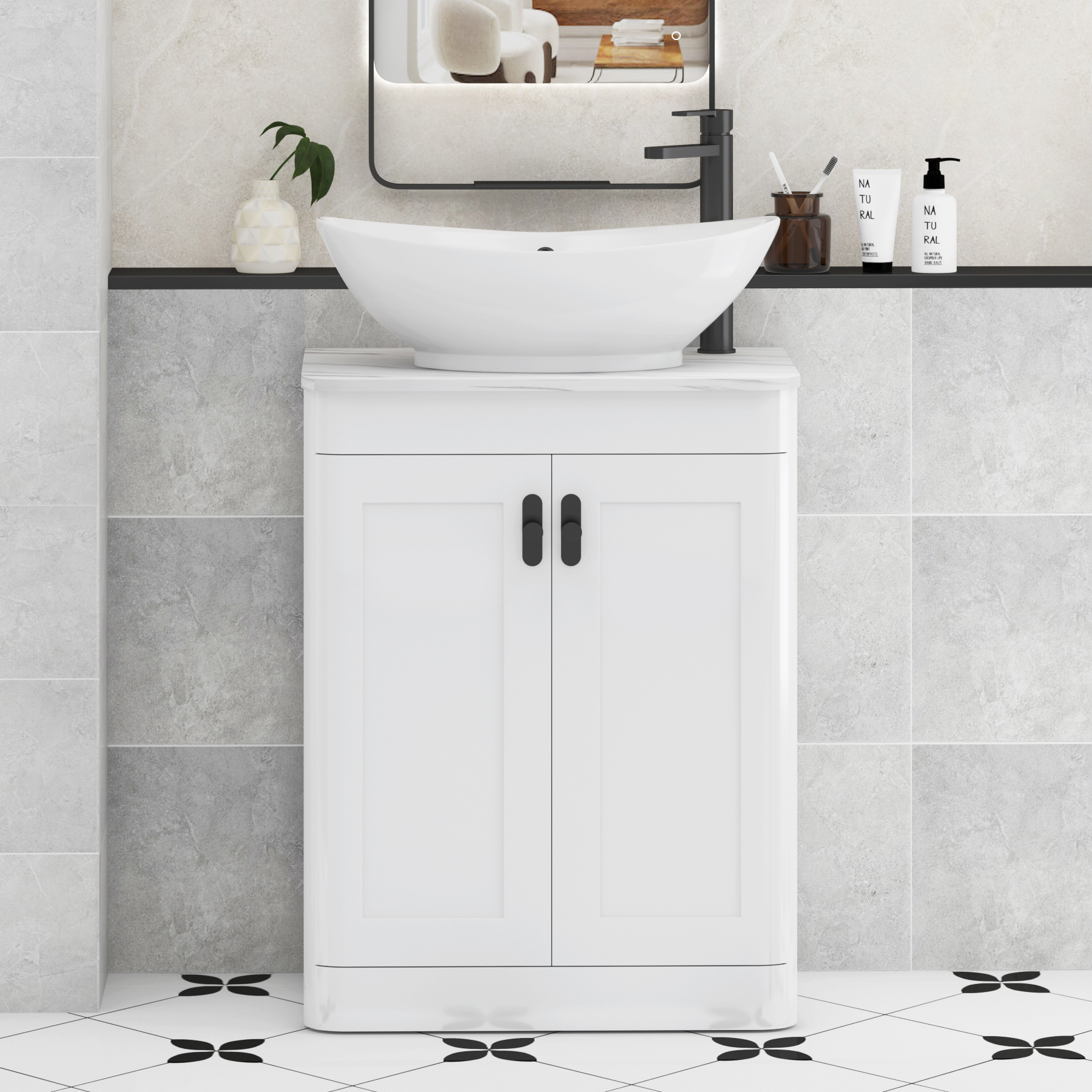 Henley Gloss White Floor Standing Vanity Unit 2 Door with Carrara White Worktop & Various Basins & Knobs