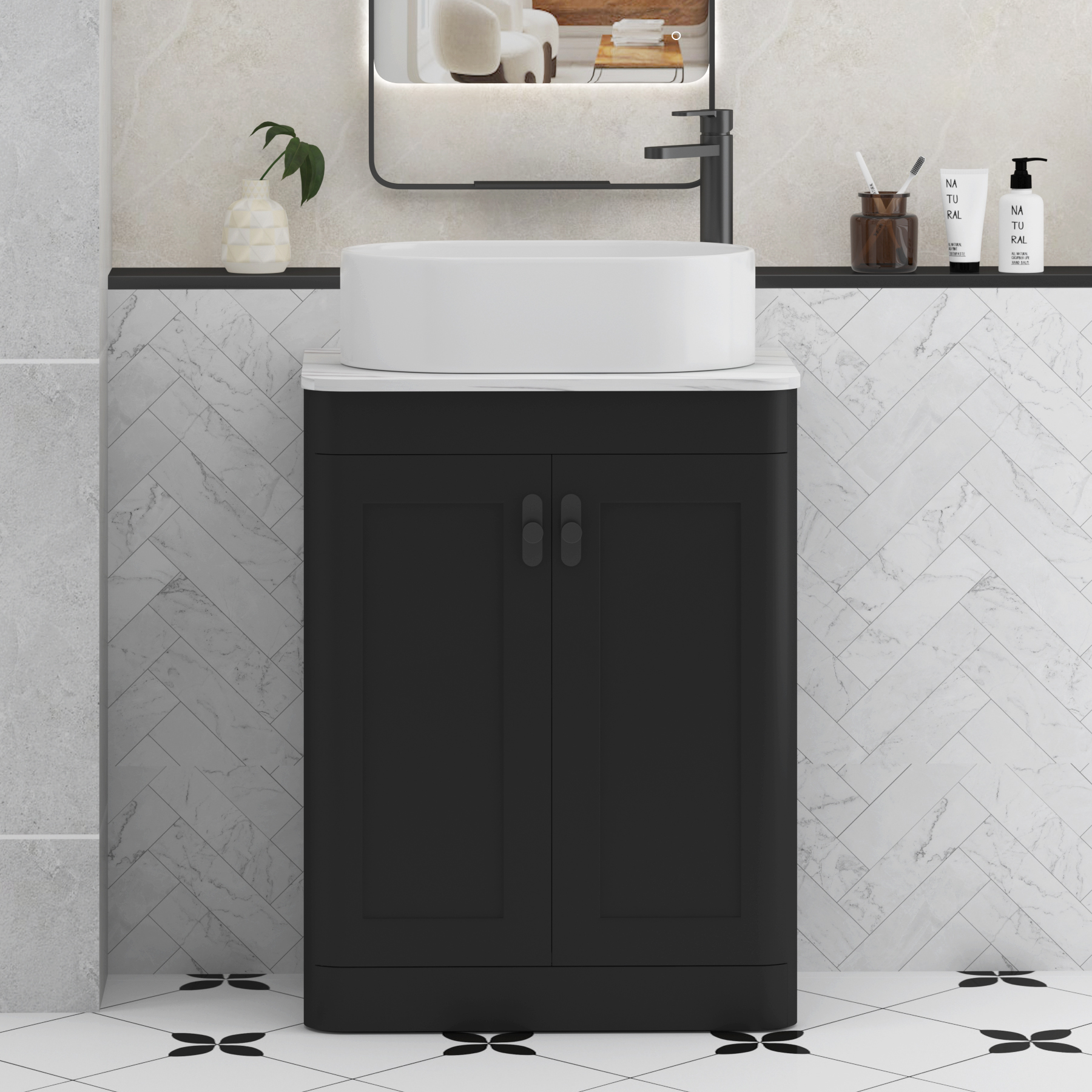 Henley Matt Nocturne Black Floor Standing Vanity Unit 2 Door with Carrara White Worktop & Various Basins & Knobs