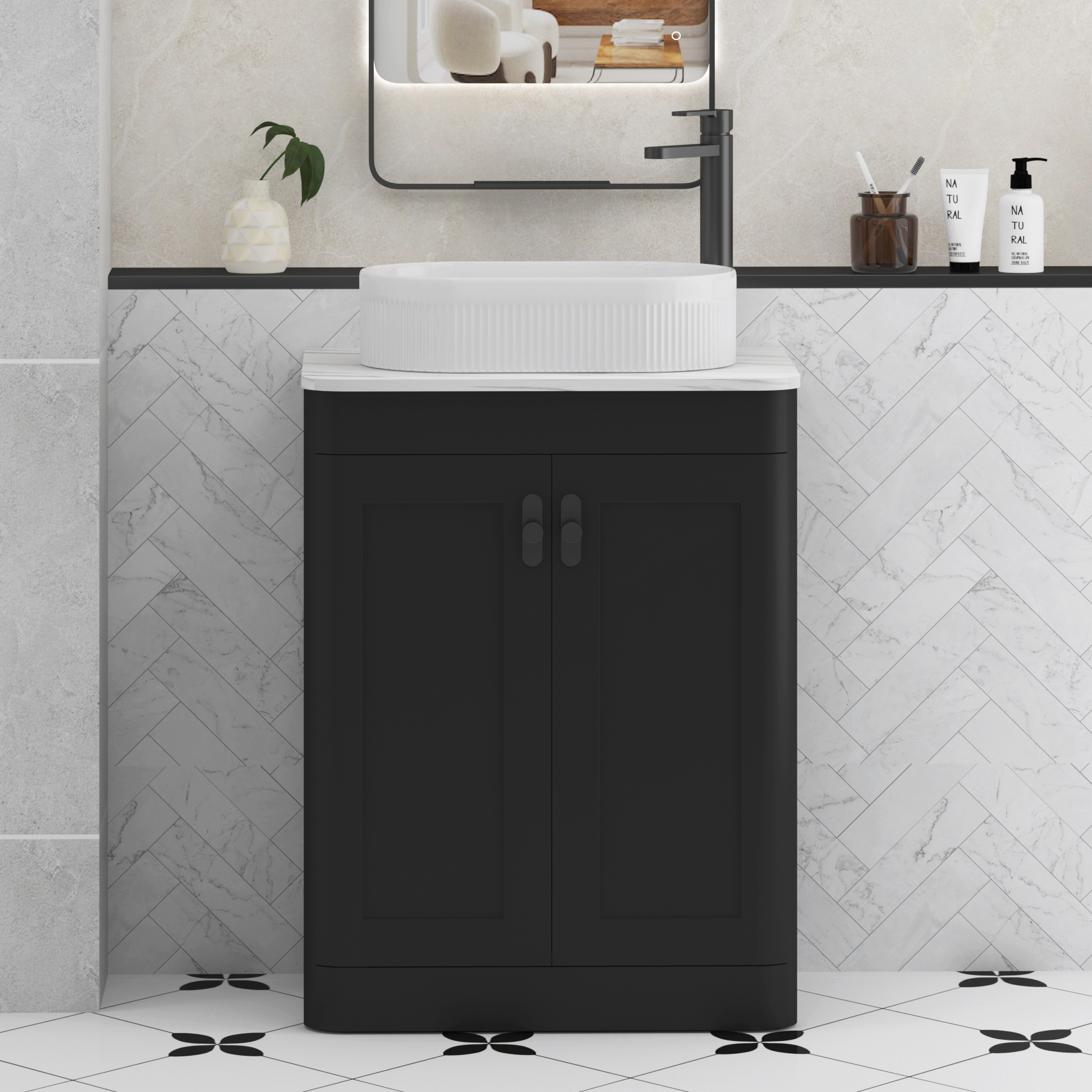 Henley Matt Nocturne Black Floor Standing Vanity Unit 2 Door with Carrara White Worktop & Various Basins & Knobs