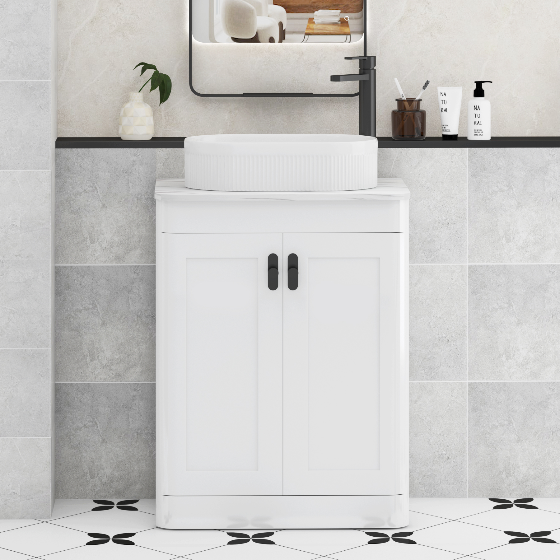 Henley Gloss White Floor Standing Vanity Unit 2 Door with Carrara White Worktop & Various Basins & Knobs