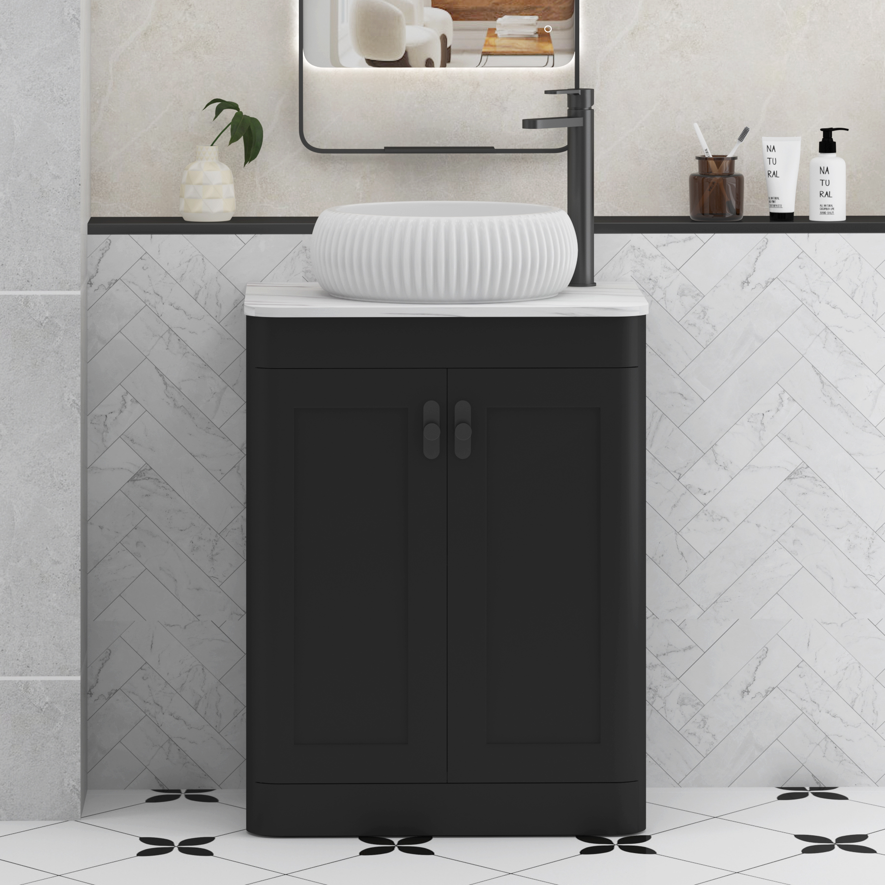 Henley Matt Nocturne Black Floor Standing Vanity Unit 2 Door with Carrara White Worktop & Various Basins & Knobs