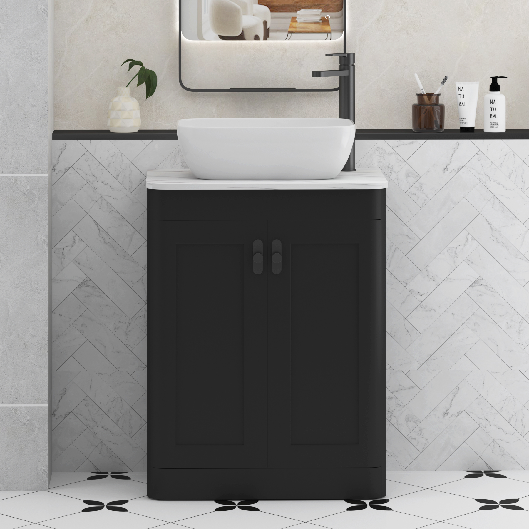 Henley Matt Nocturne Black Floor Standing Vanity Unit 2 Door with Carrara White Worktop & Various Basins & Knobs