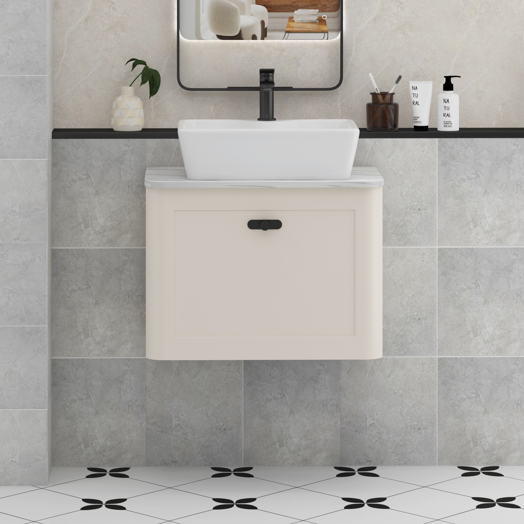 Henley Mushroom Cashmere Wall Hung Vanity Unit 1 Drawer with Carrara White Worktop & Various Basins & Knobs