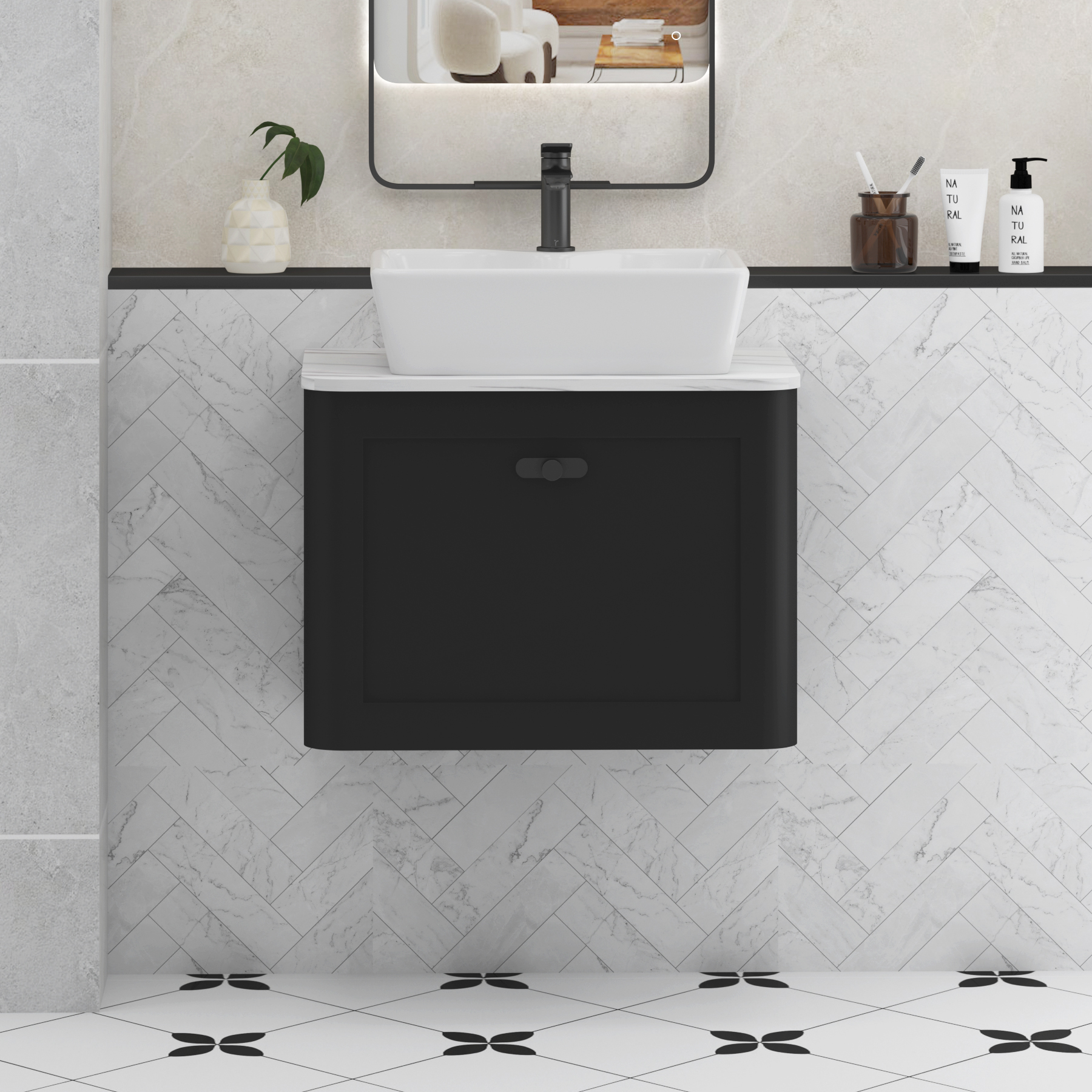 Henley Matt Nocturne Black Wall Hung Vanity Unit 1 Drawer with Carrara White Worktop & Various Basins & Knobs