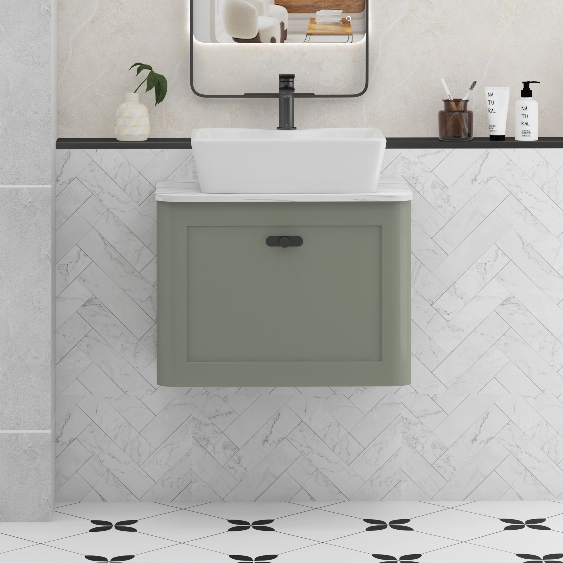 Henley Sage Green Wall Hung Vanity Unit 1 Drawer with Carrara White Worktop & Various Basins & Knobs