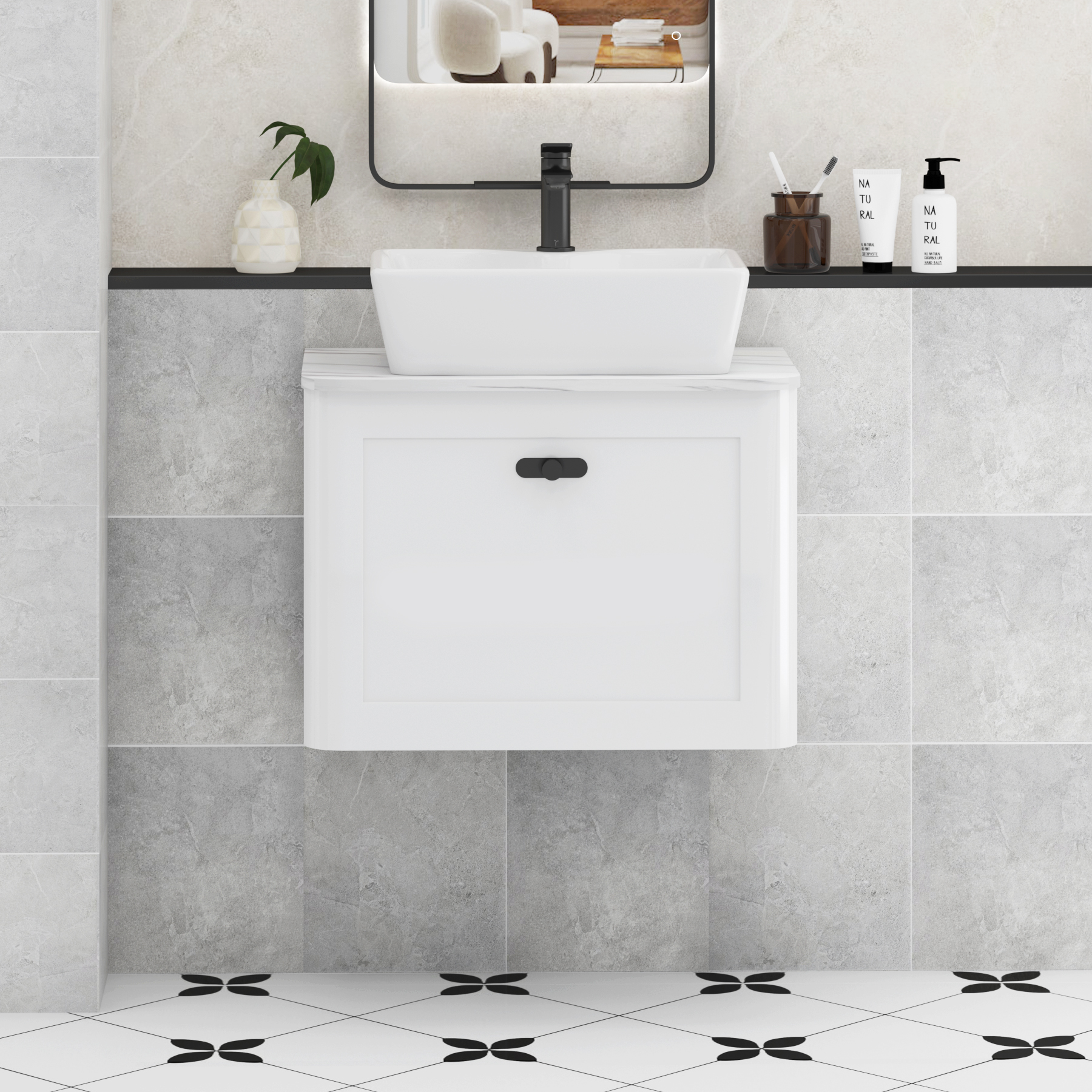 Henley Gloss White Wall Hung Vanity Unit 1 Drawer with Carrara White Worktop & Various Basins & Knobs