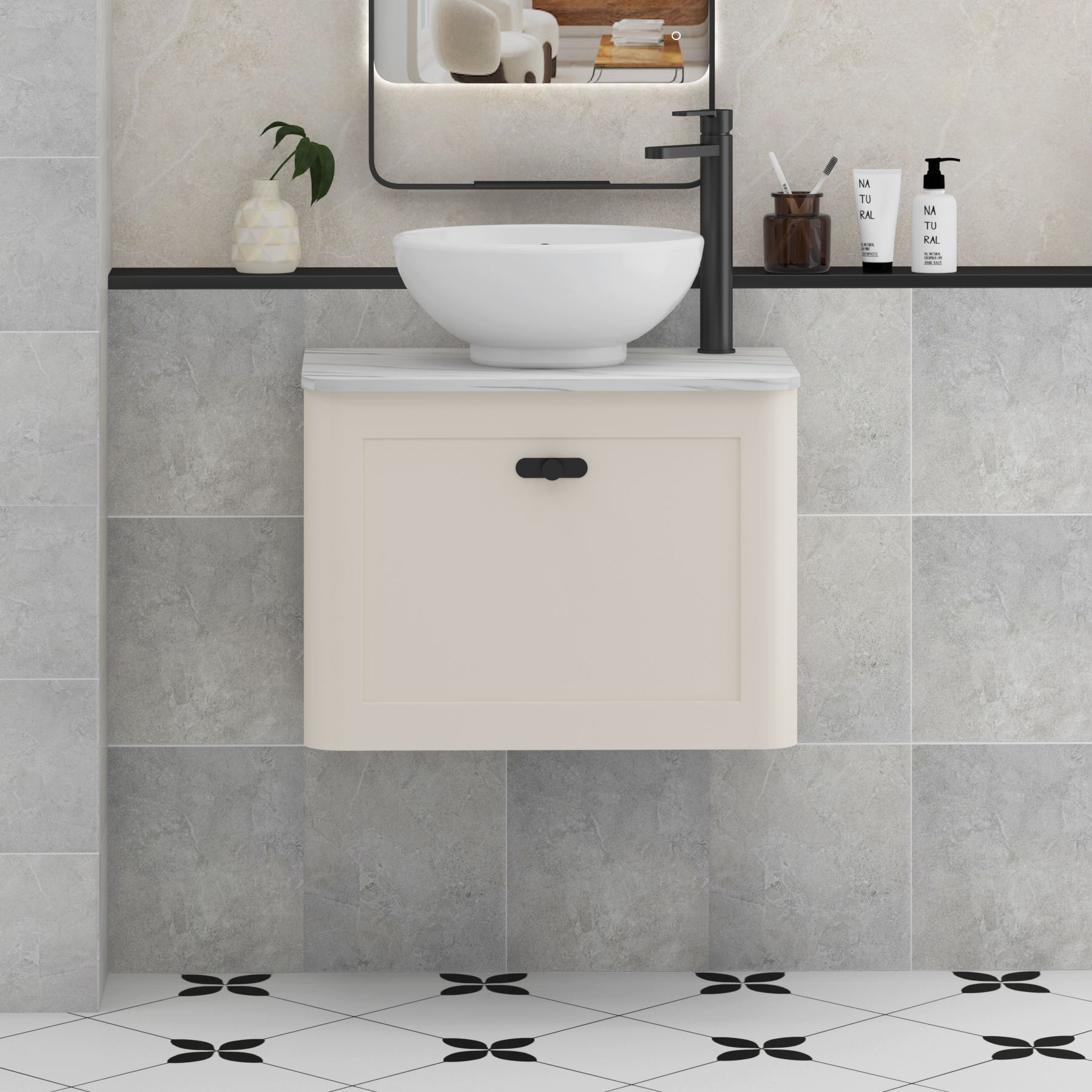 Henley Mushroom Cashmere Wall Hung Vanity Unit 1 Drawer with Carrara White Worktop & Various Basins & Knobs