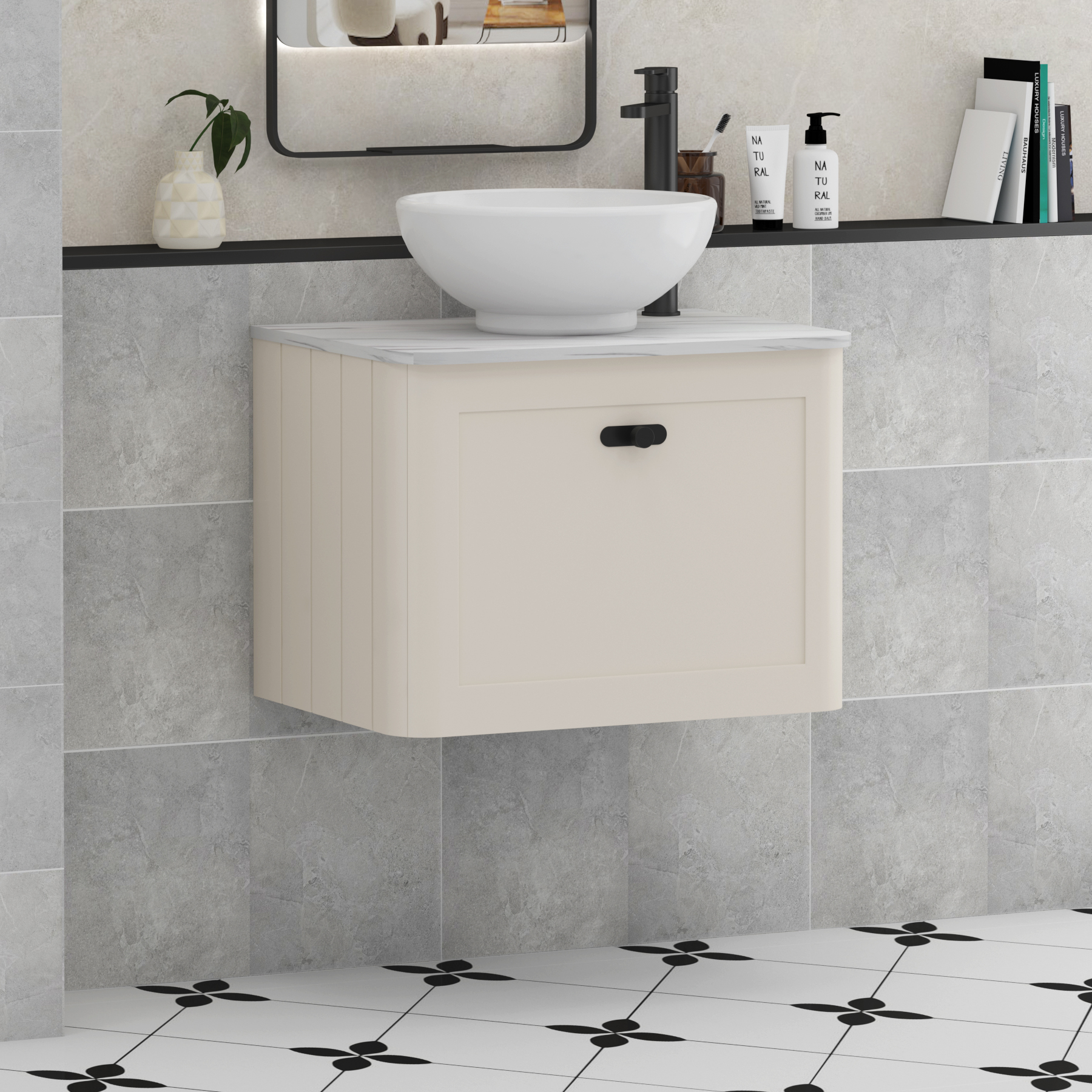 Henley Mushroom Cashmere Wall Hung Vanity Unit 1 Drawer with Carrara White Worktop & Various Basins & Knobs