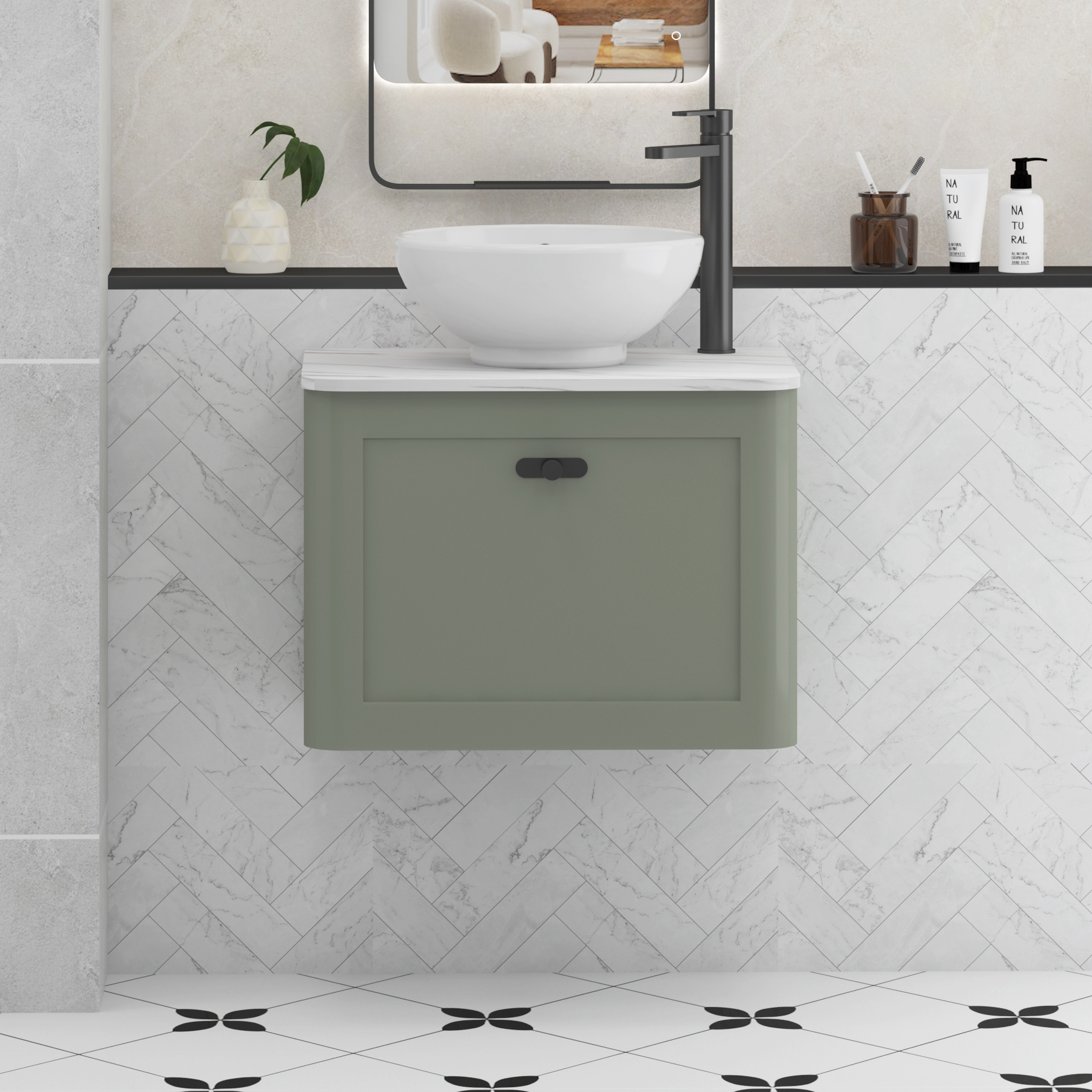 Henley Sage Green Wall Hung Vanity Unit 1 Drawer with Carrara White Worktop & Various Basins & Knobs