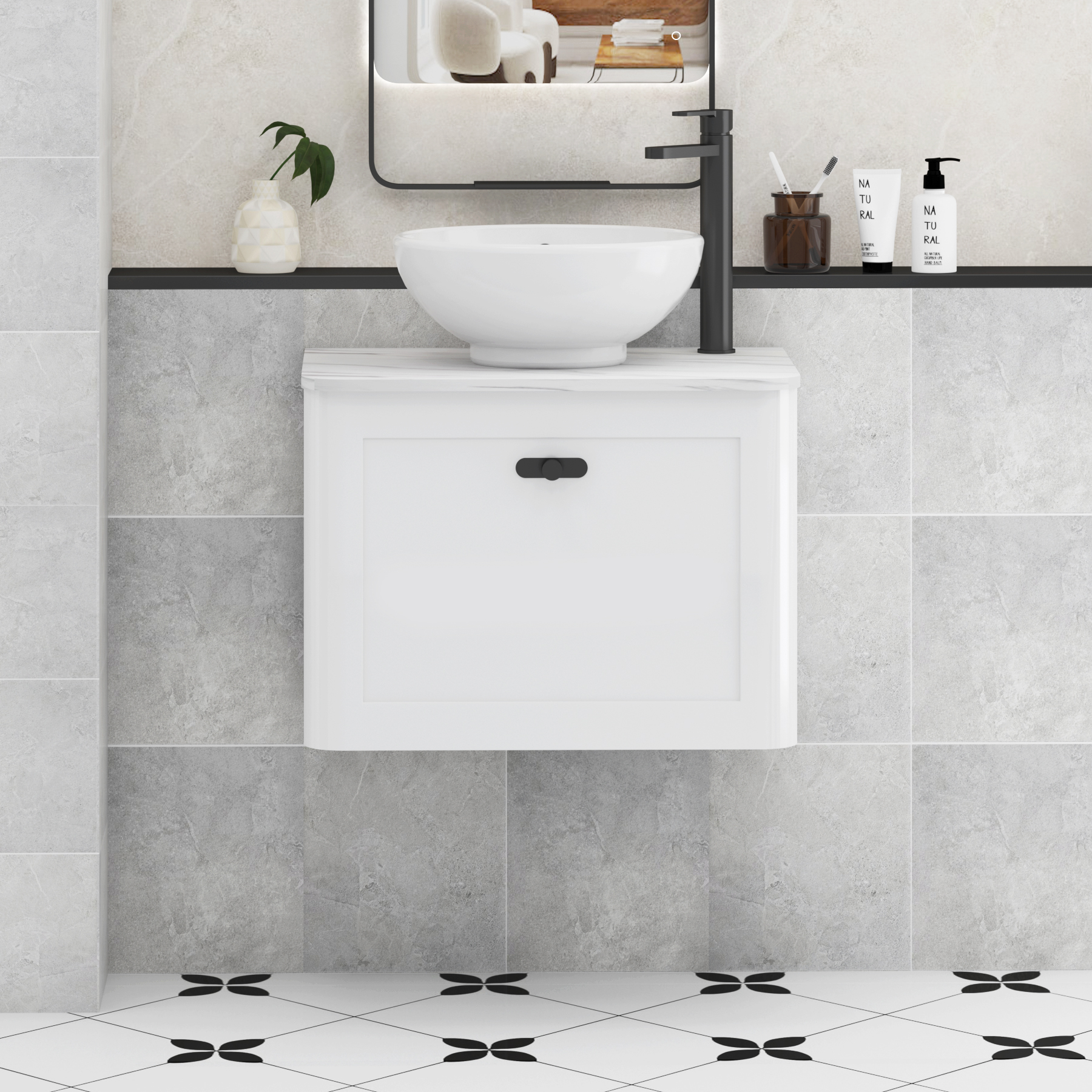 Henley Gloss White Wall Hung Vanity Unit 1 Drawer with Carrara White Worktop & Various Basins & Knobs