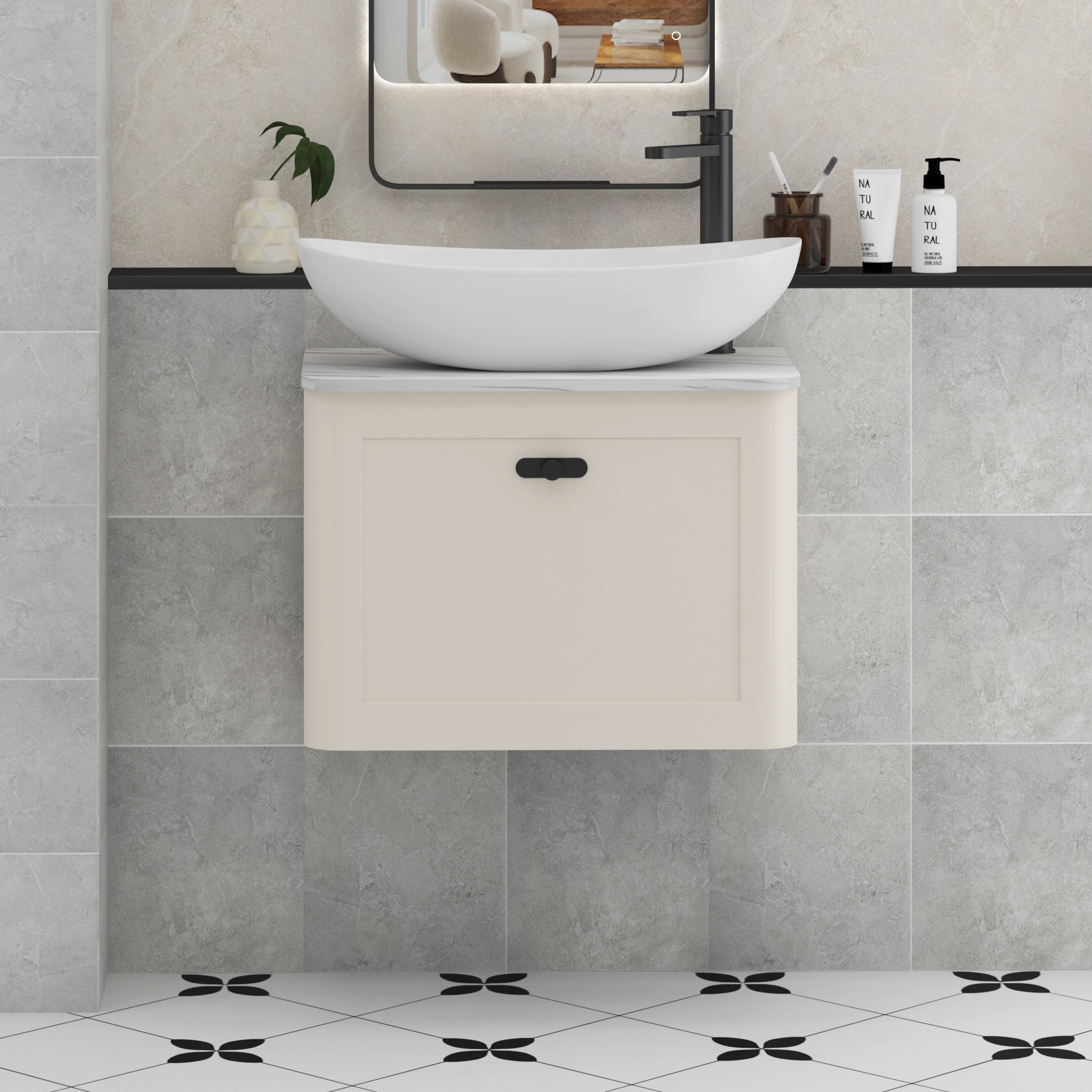 Henley Mushroom Cashmere Wall Hung Vanity Unit 1 Drawer with Carrara White Worktop & Various Basins & Knobs