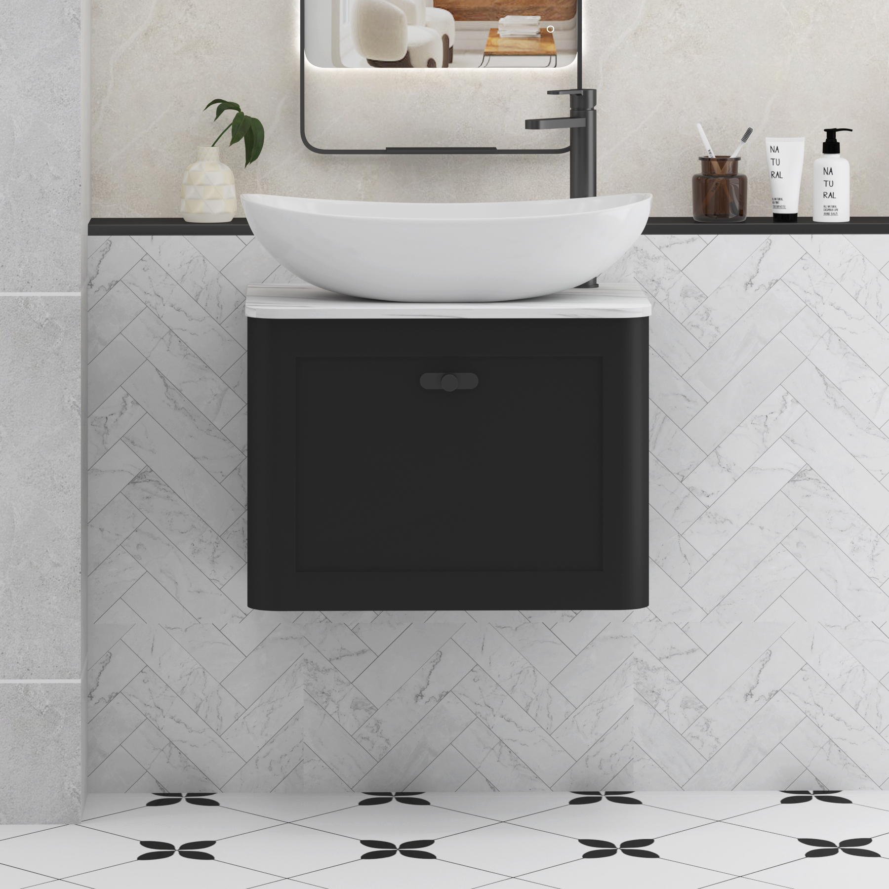 Henley Matt Nocturne Black Wall Hung Vanity Unit 1 Drawer with Carrara White Worktop & Various Basins & Knobs
