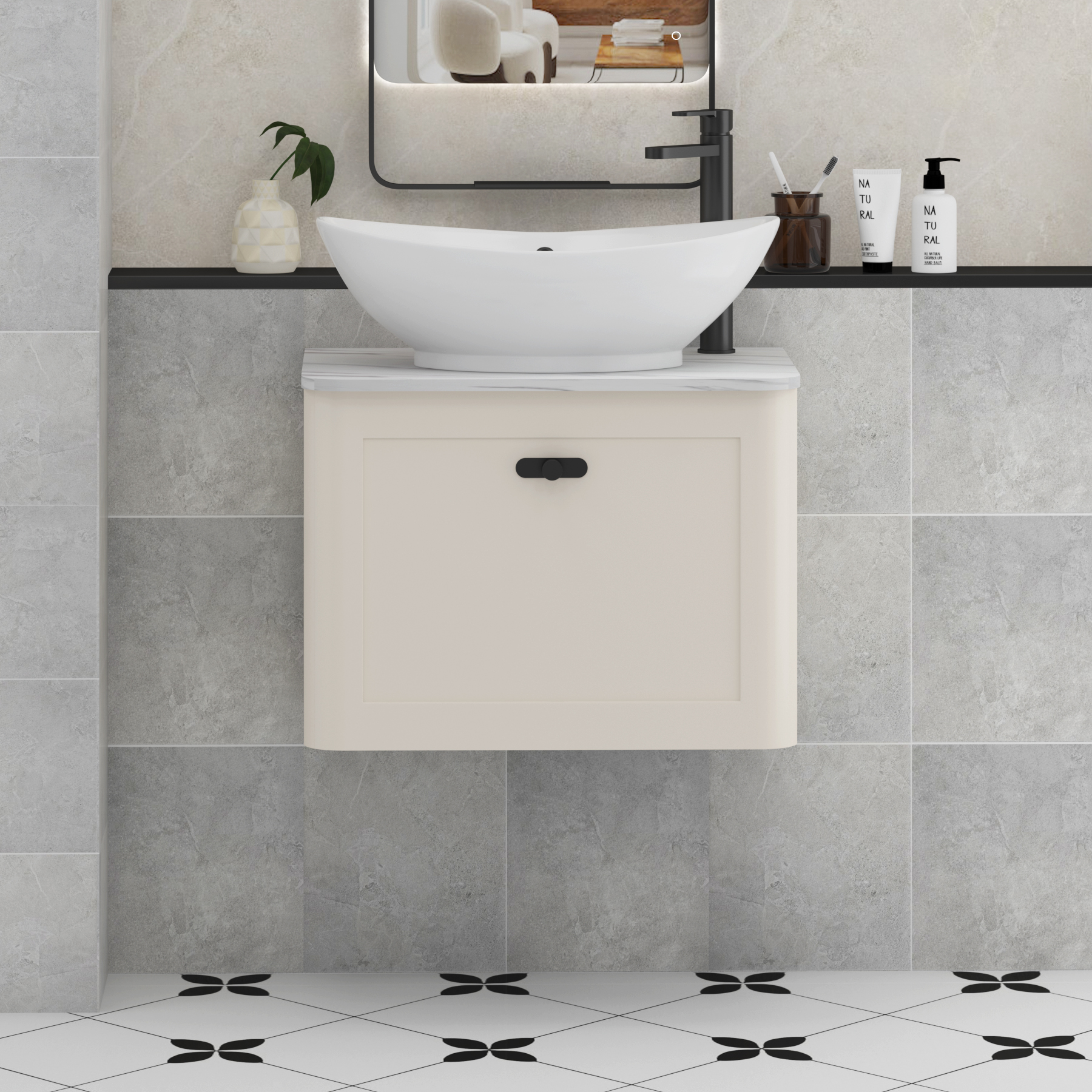 Henley Mushroom Cashmere Wall Hung Vanity Unit 1 Drawer with Carrara White Worktop & Various Basins & Knobs