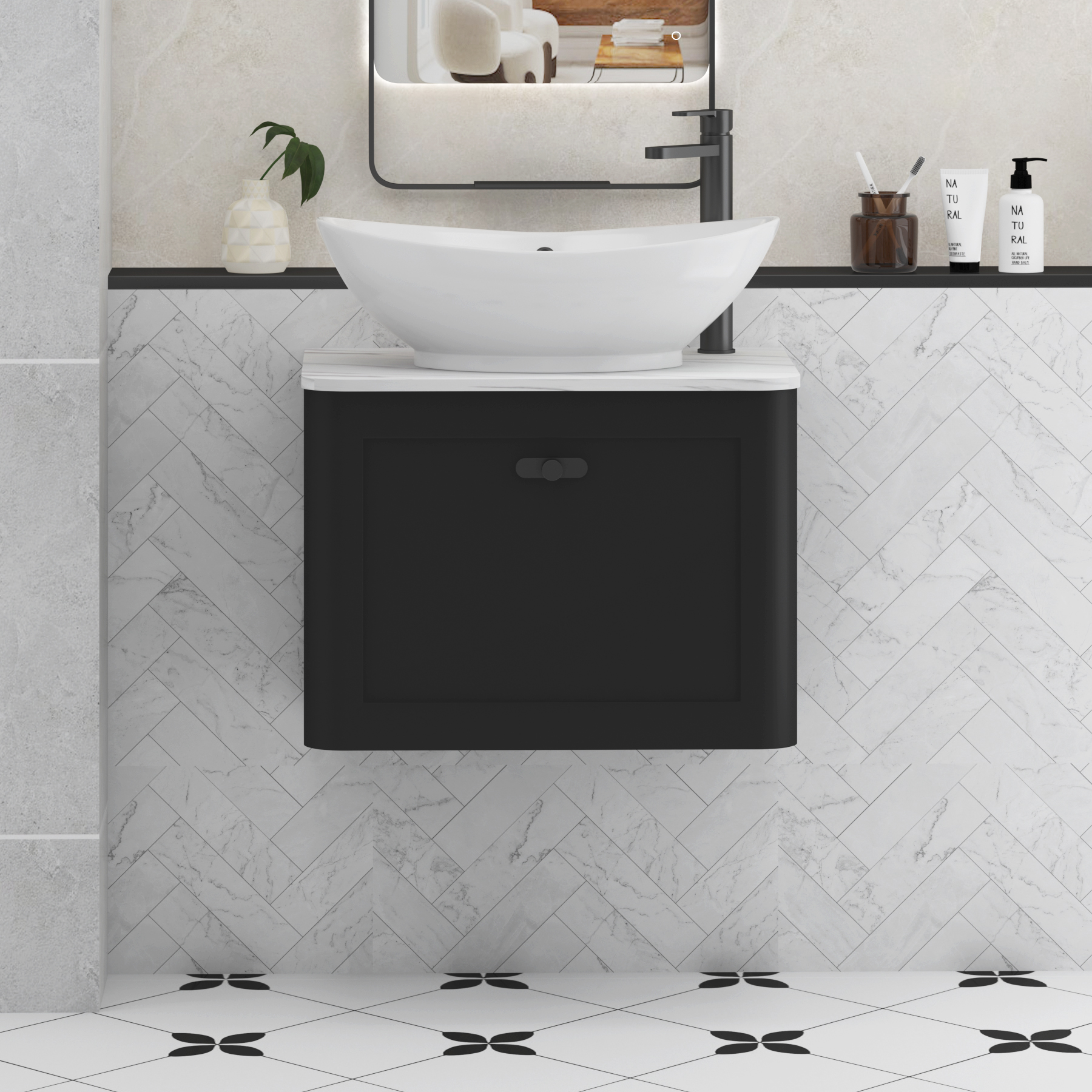 Henley Matt Nocturne Black Wall Hung Vanity Unit 1 Drawer with Carrara White Worktop & Various Basins & Knobs