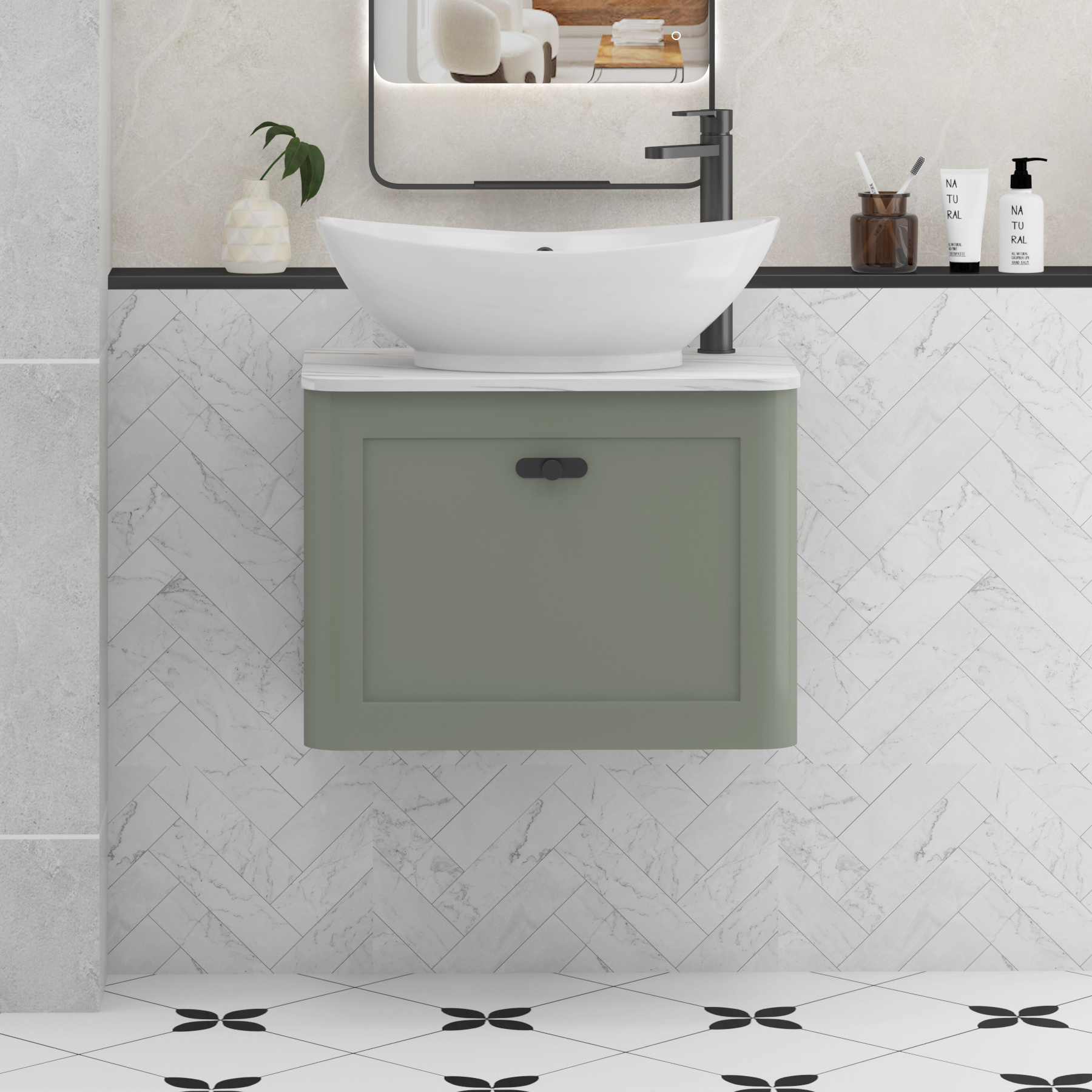 Henley Sage Green Wall Hung Vanity Unit 1 Drawer with Carrara White Worktop & Various Basins & Knobs