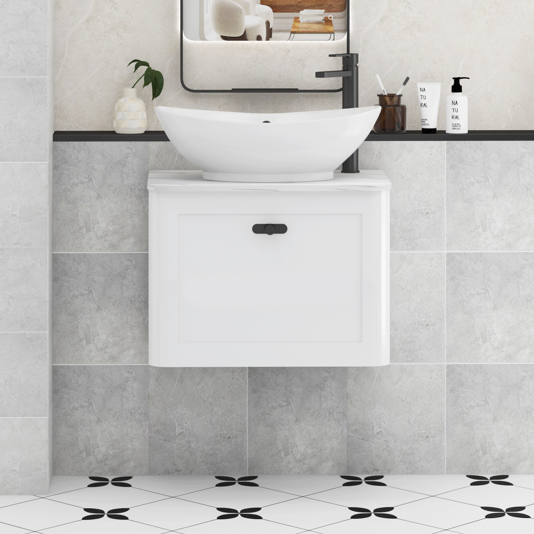 Henley Gloss White Wall Hung Vanity Unit 1 Drawer with Carrara White Worktop & Various Basins & Knobs